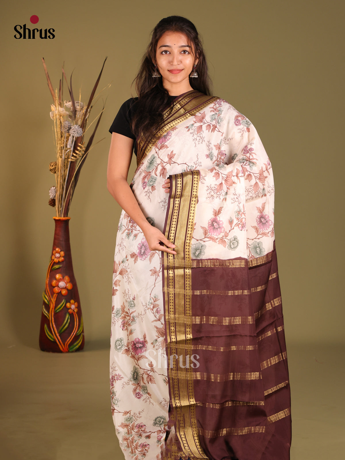 Cream & Brown - Mysore Silk Print Saree