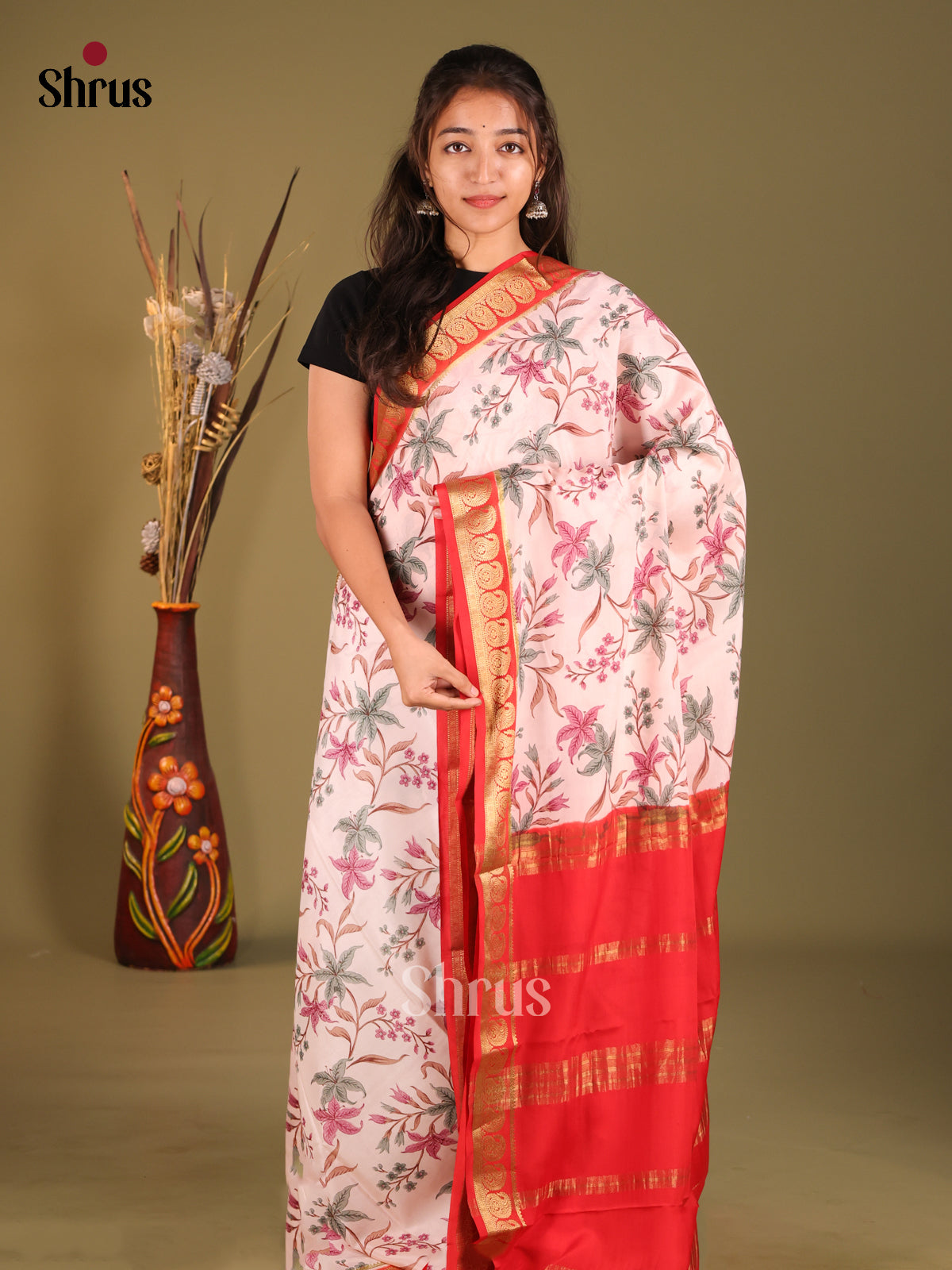 Regal Pastel Pink Printed Mysore Crepe Silk Saree With Red Zari Woven Border - Shop on Shrus.com