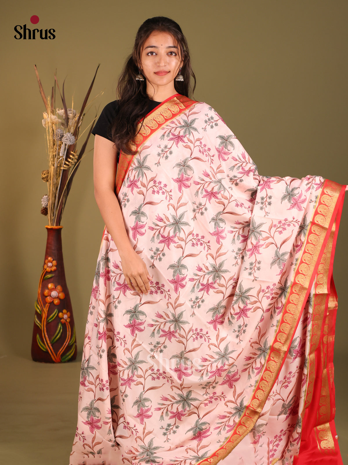 Regal Pastel Pink Printed Mysore Crepe Silk Saree With Red Zari Woven Border - Shop on Shrus.com