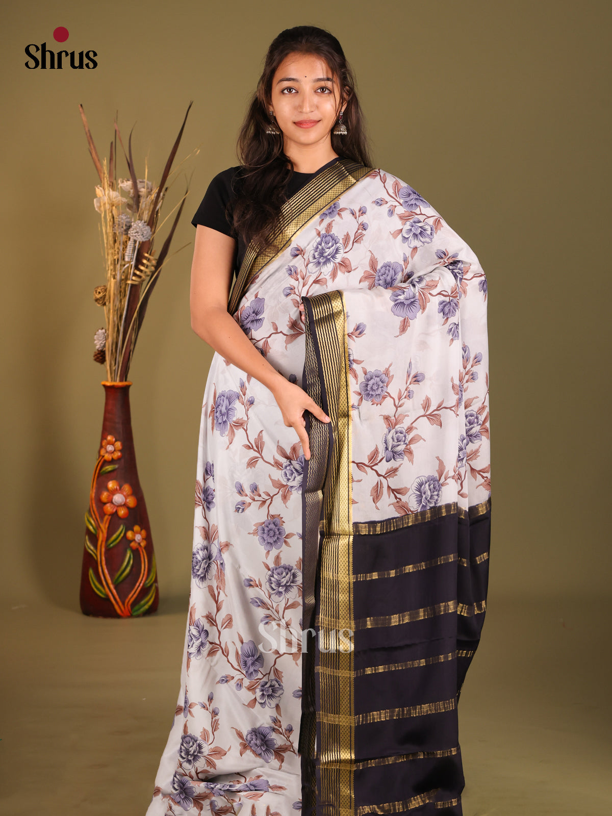 Grey& Navy Blue- Mysore Silk Print Saree - Shop on Shrus.com