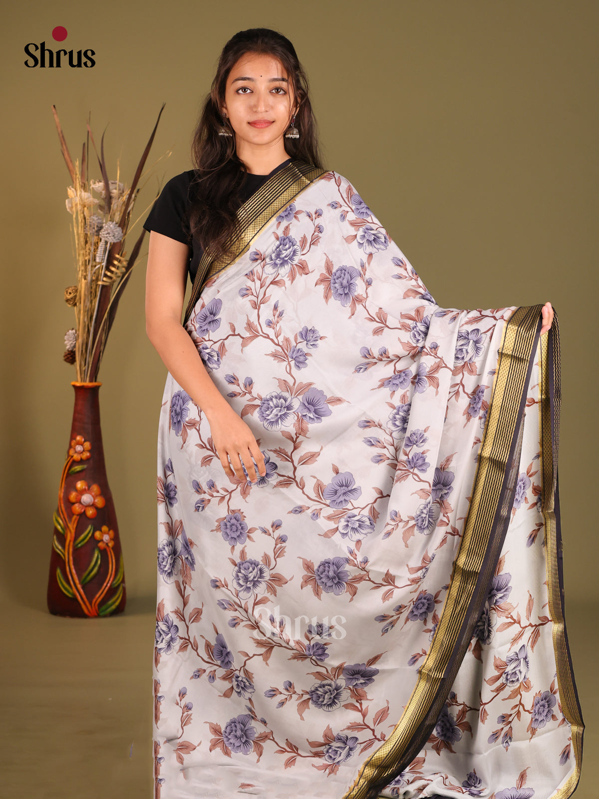 Grey& Navy Blue- Mysore Silk Print Saree - Shop on Shrus.com