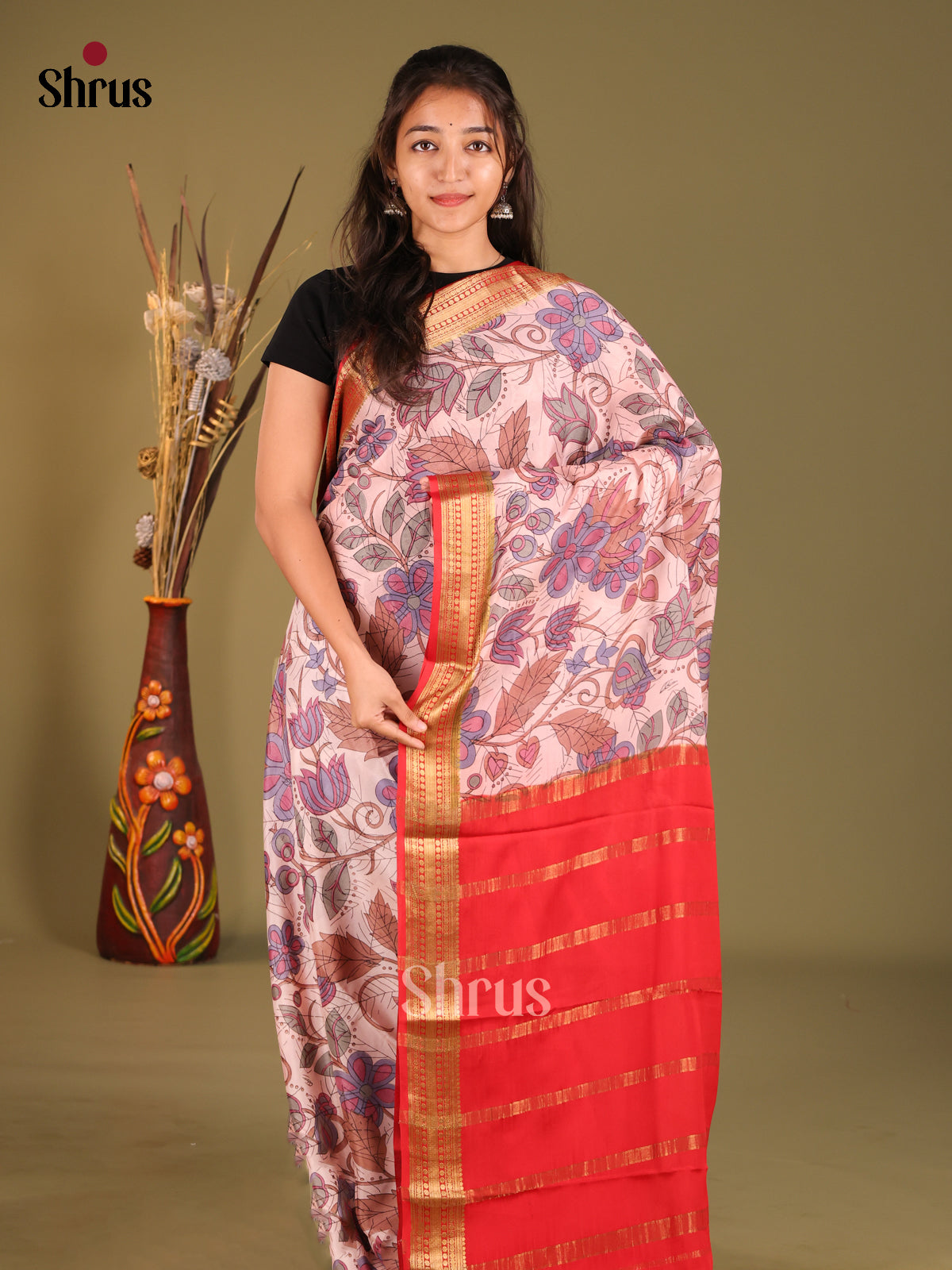 Pretty Lavender Floral Printed Mysore Silk Saree With Red Zari Woven Border