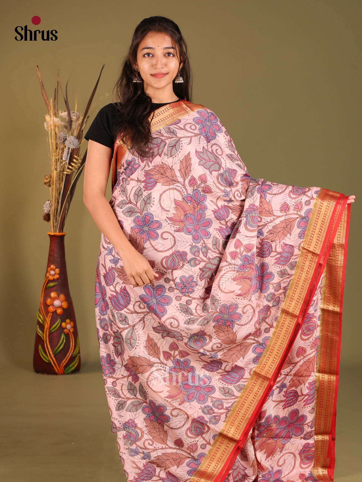 Pretty Lavender Floral Printed Mysore Silk Saree With Red Zari Woven Border