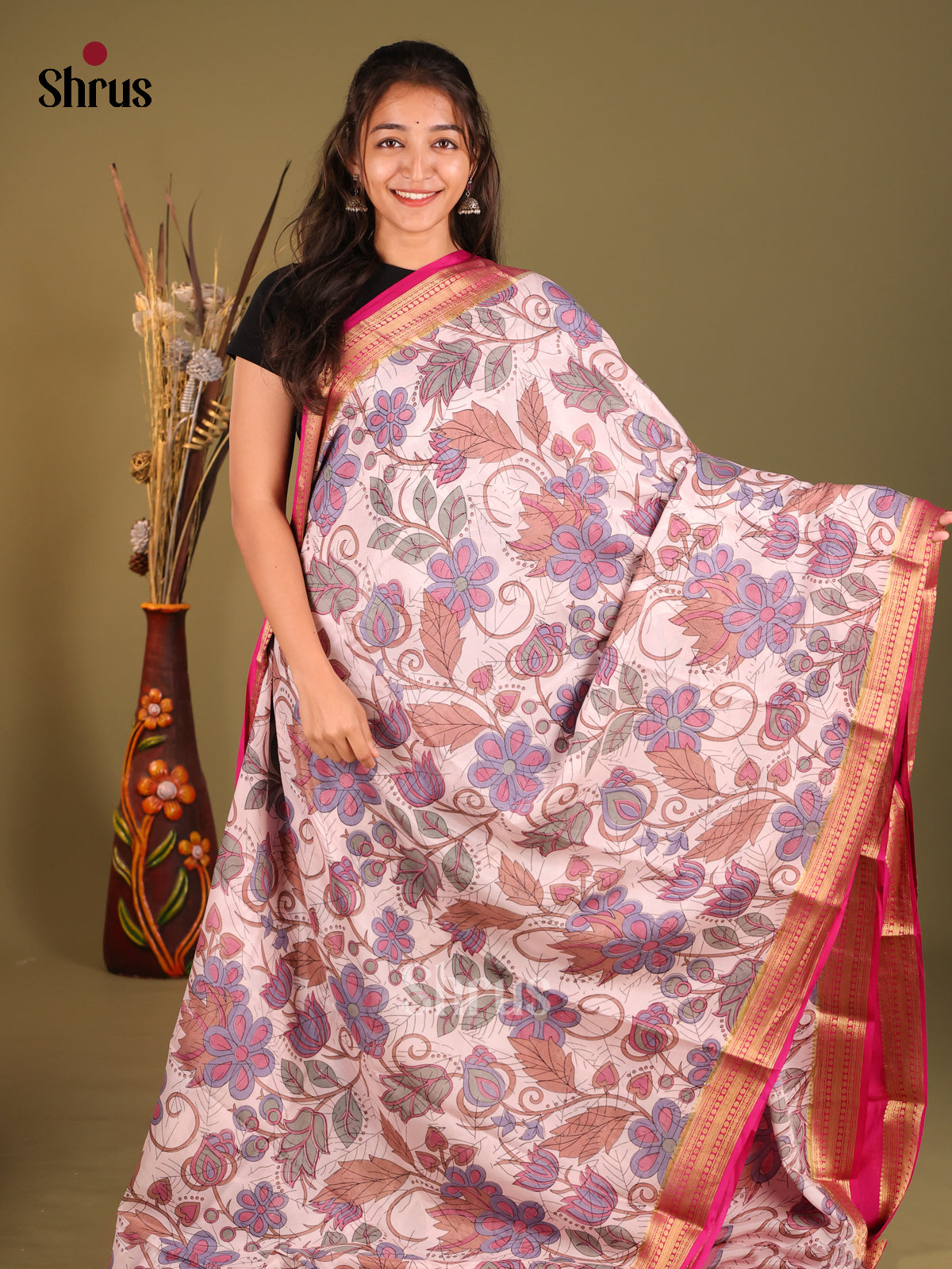 Lavender & Pink - Mysore Silk Print Saree - Shop on Shrus.com