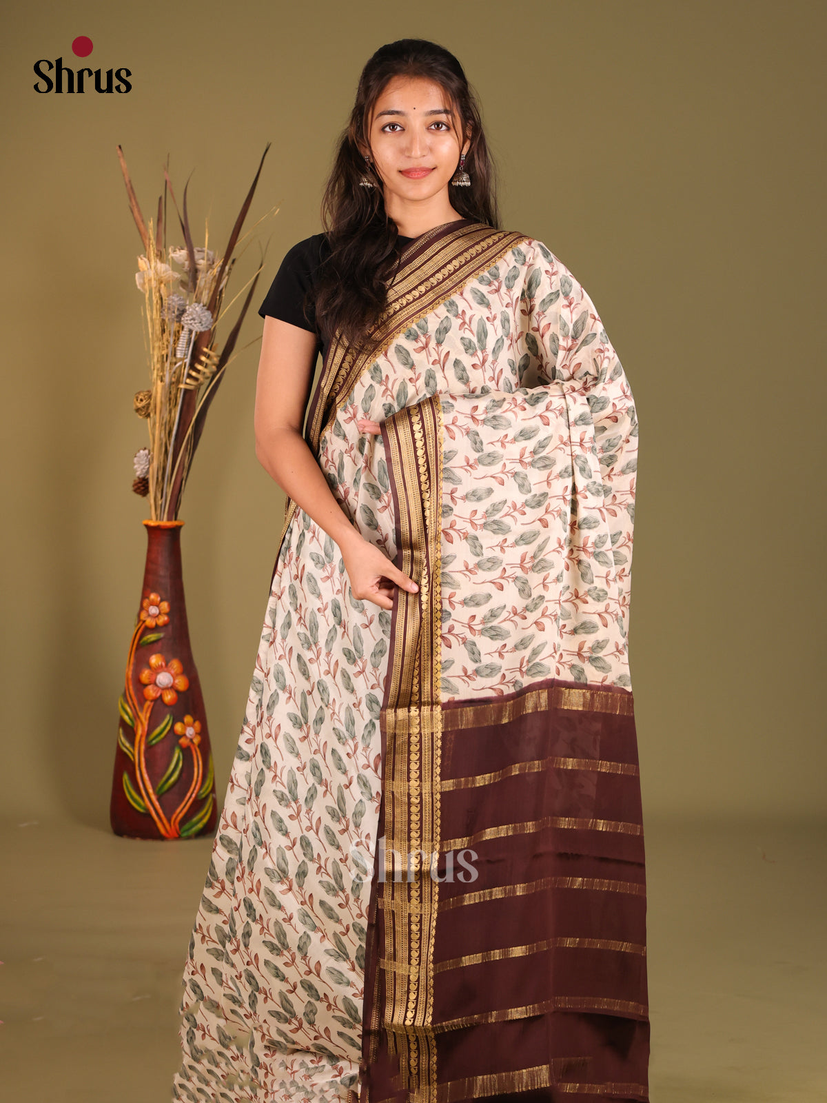Timeless Cream Printed Mysore Silk Saree With Brown Zari Border