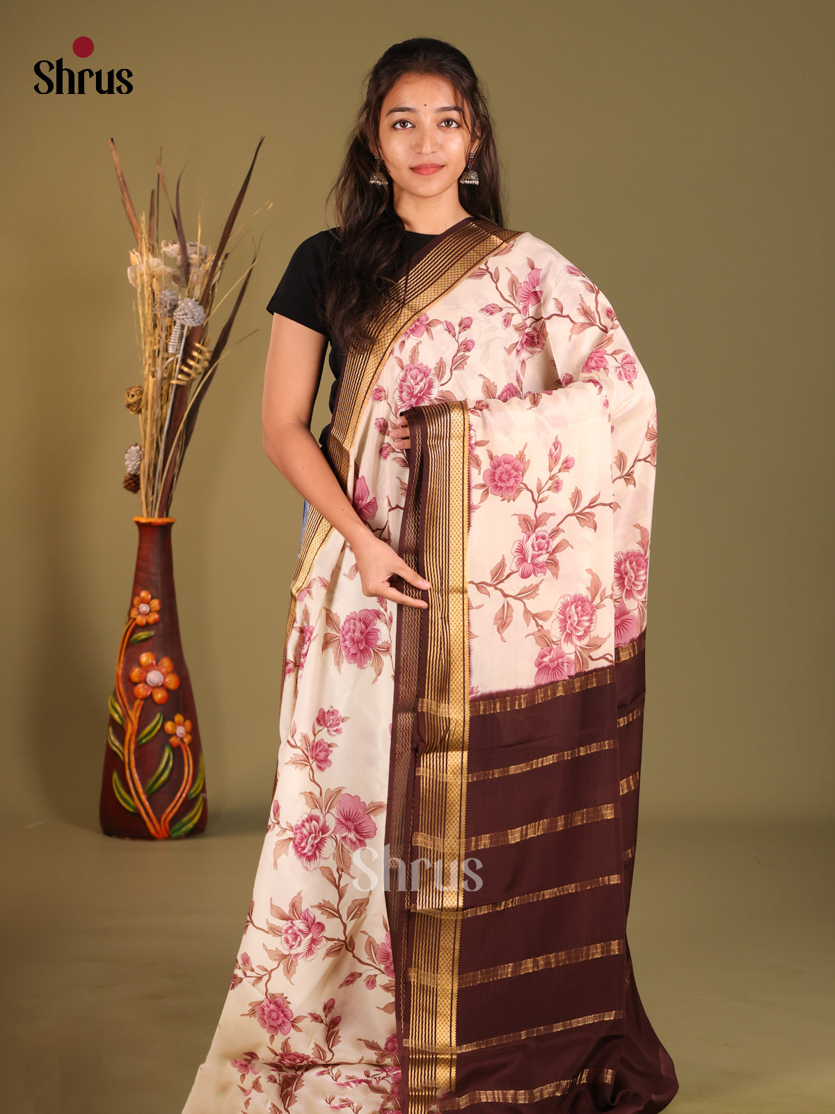 Cream & Brown - Mysore Silk Print Saree