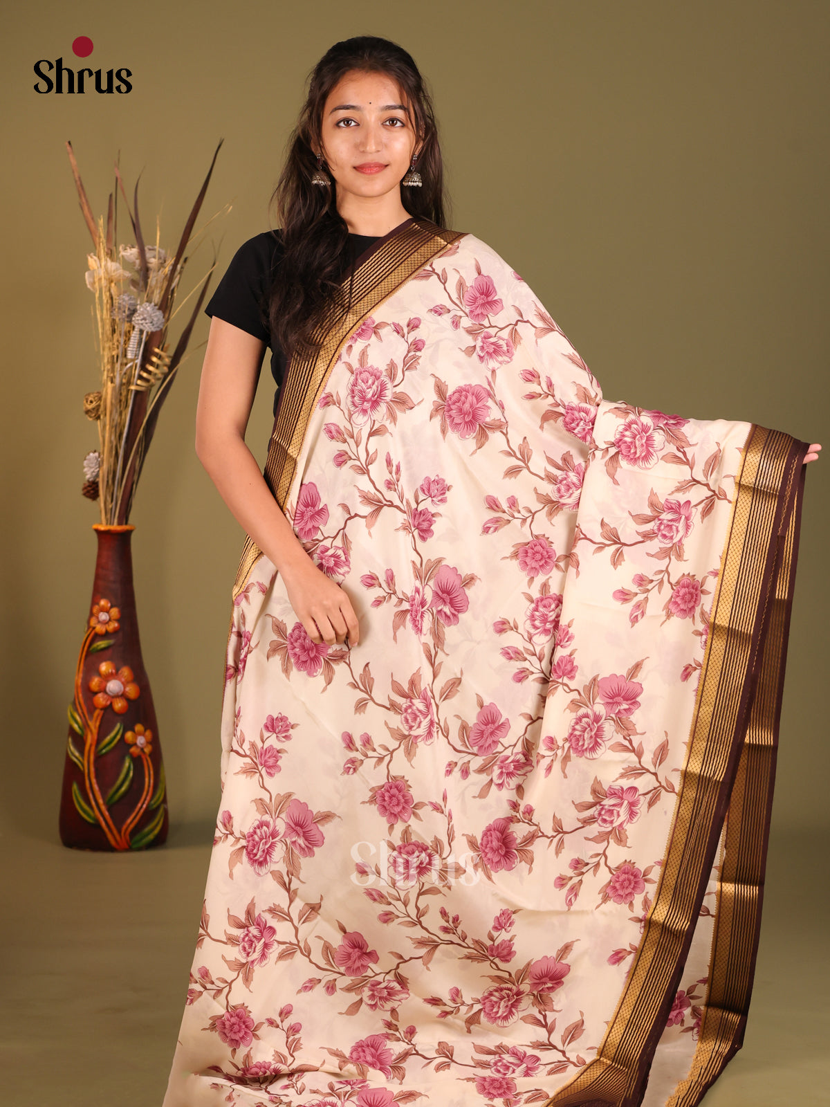 Cream & Brown - Mysore Silk Print Saree