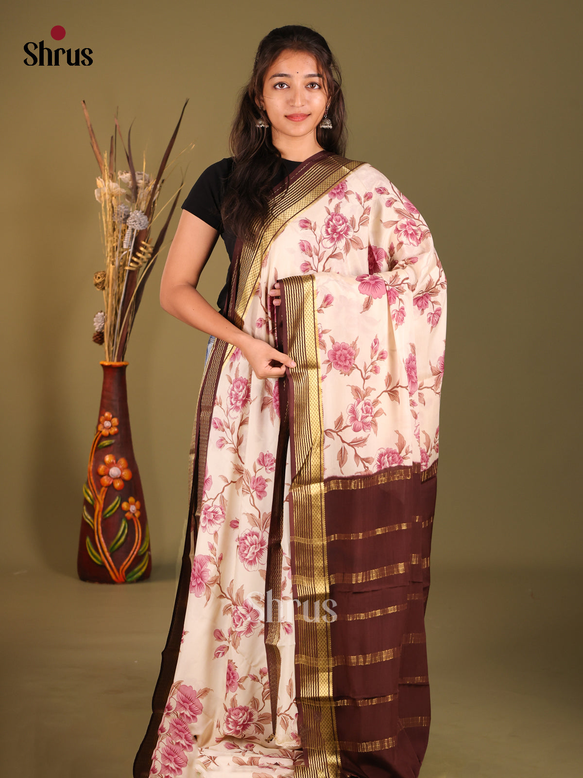 Timeless Cream Printed Mysore Silk Saree With Brown Zari Woven Border