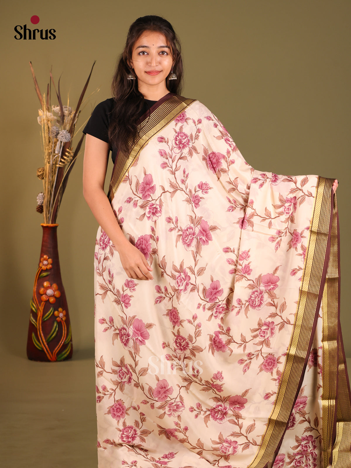 Timeless Cream Printed Mysore Silk Saree With Brown Zari Woven Border