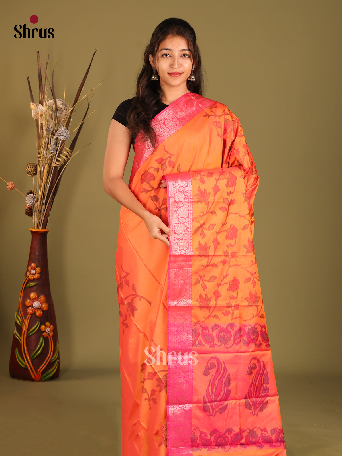 Orange & Pink - Semi Pochampally Saree - Shop on Shrus.com