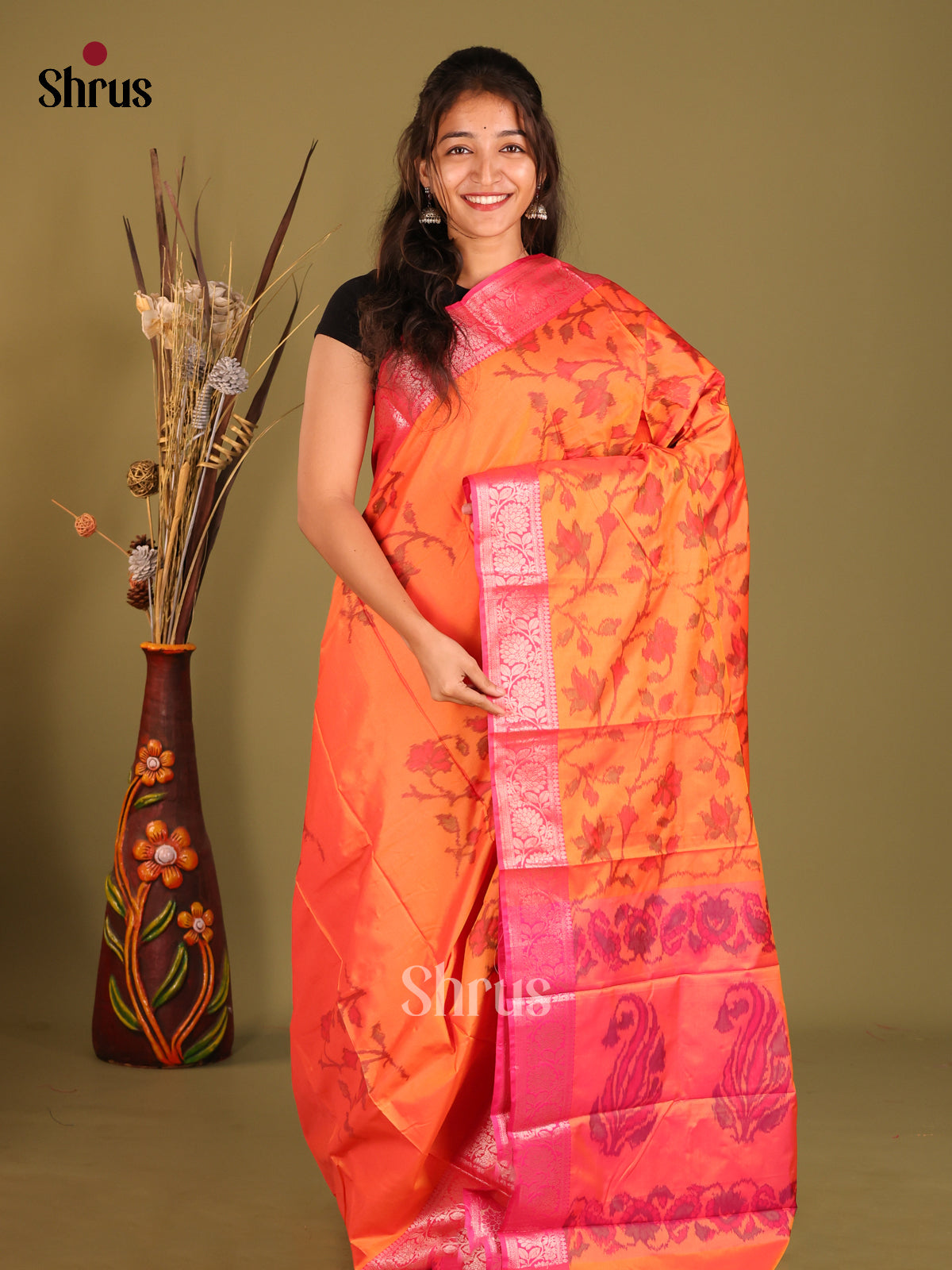 Orange & Pink - Semi Pochampally Saree - Shop on Shrus.com