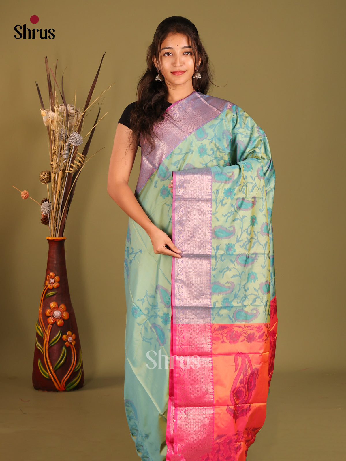 Green & Purple - Semi Pochampally Saree - Shop on Shrus.com