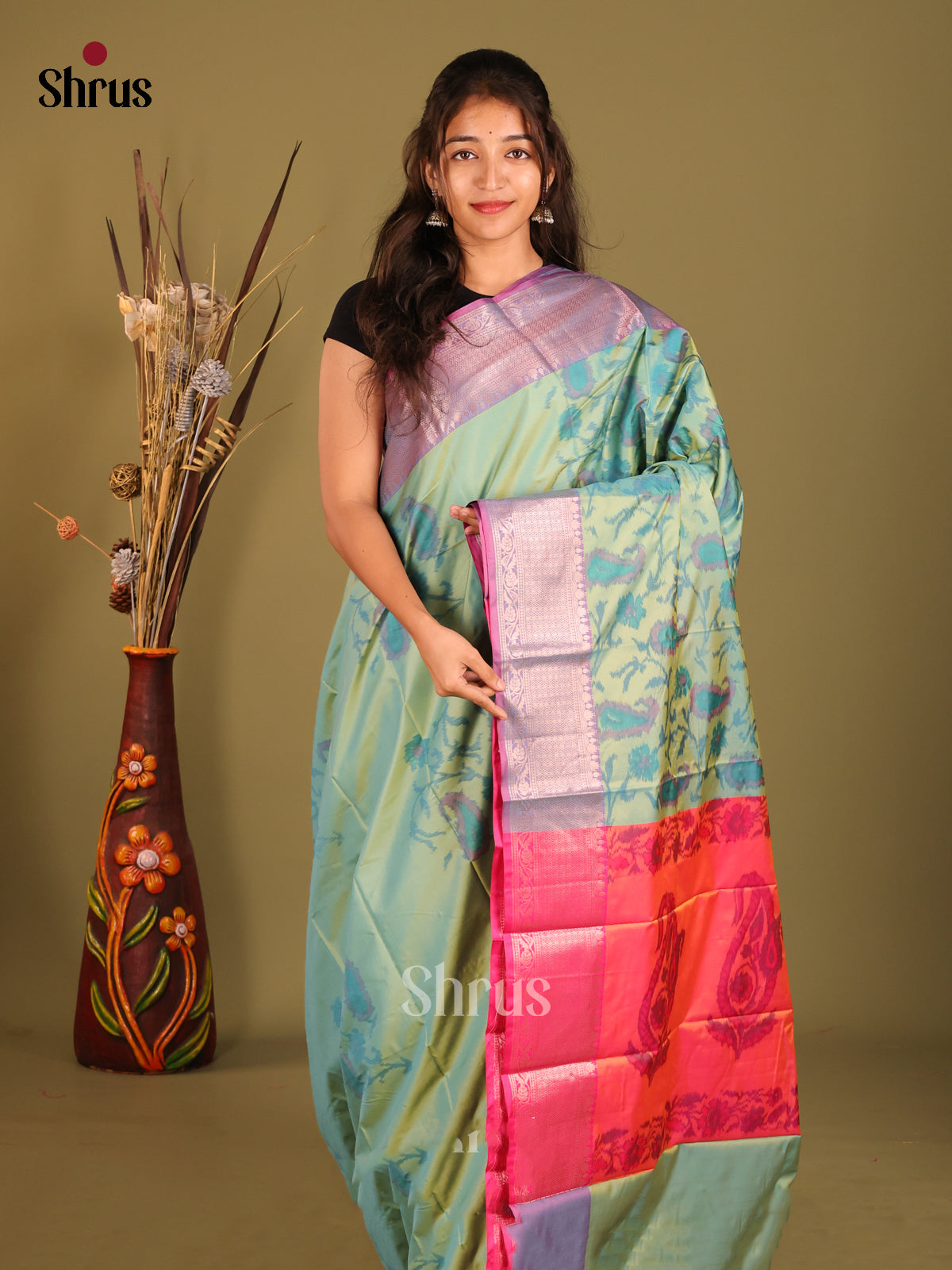 Green & Purple - Semi Pochampally Saree - Shop on Shrus.com