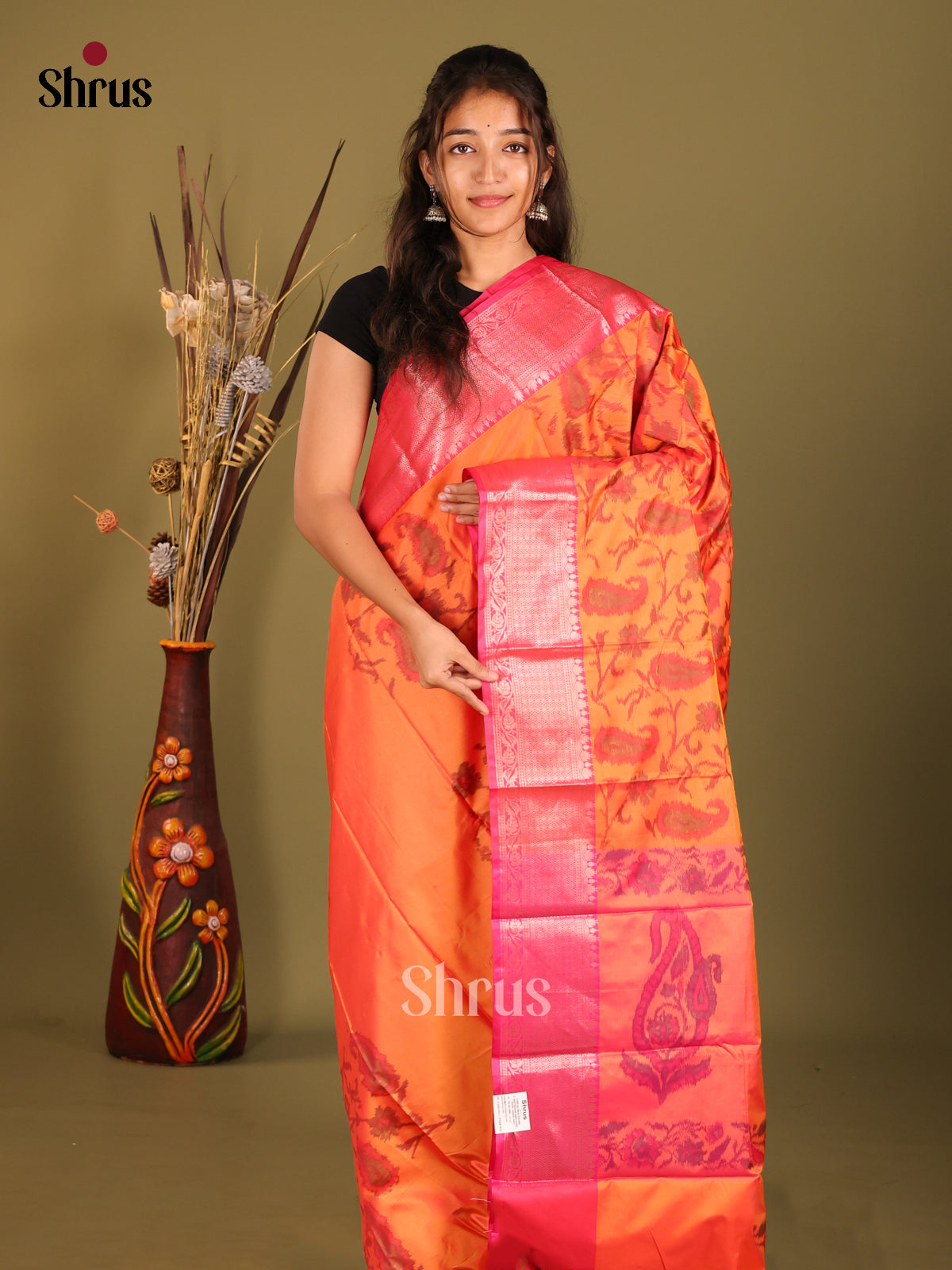 Orange & Pink  - Semi Pochampally Saree - Shop on Shrus.com
