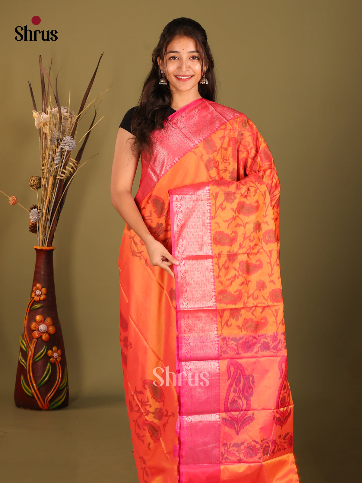 Orange & Pink  - Semi Pochampally Saree - Shop on Shrus.com