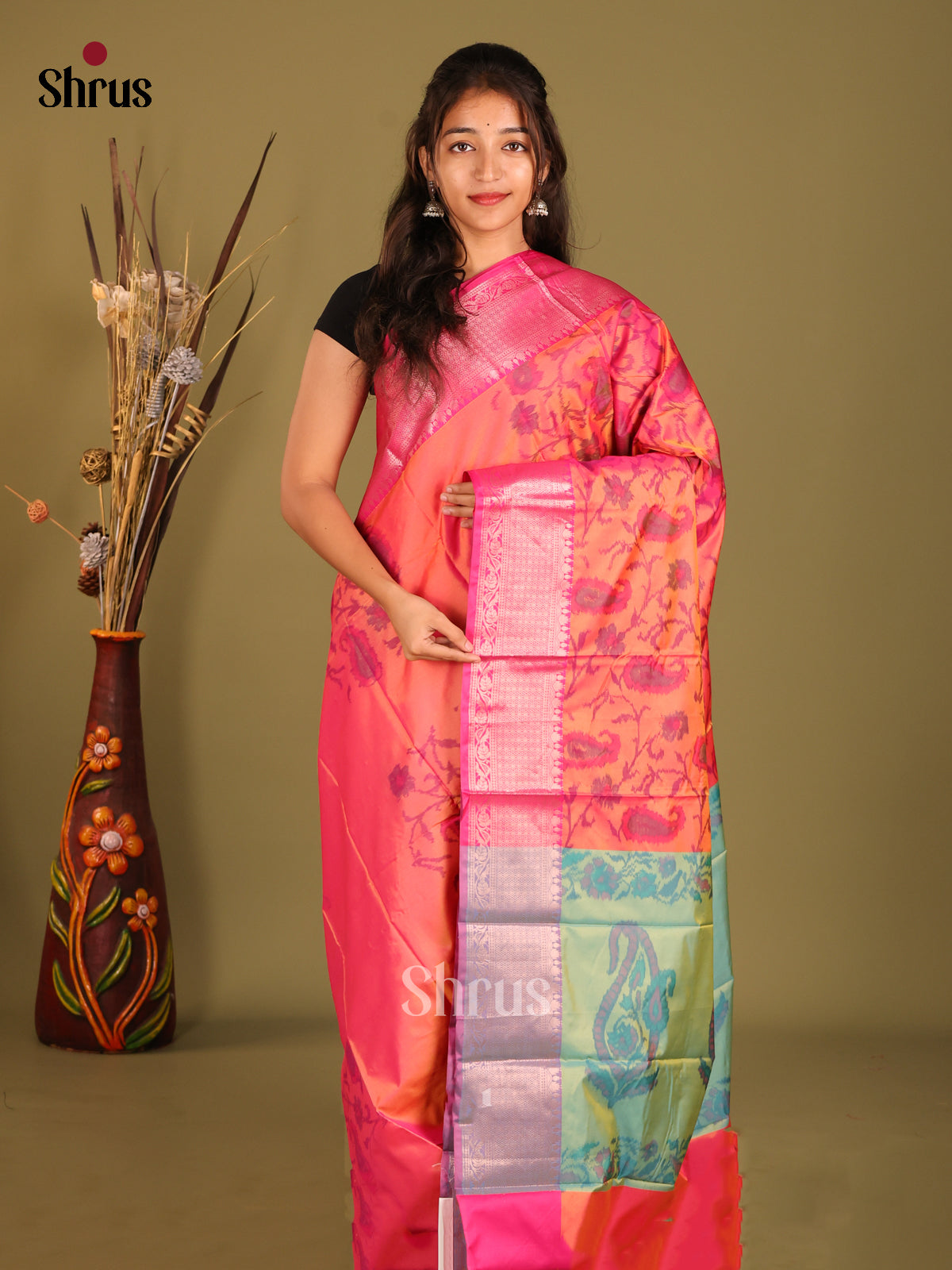 Orange & Green - Semi Pochampally Saree - Shop on Shrus.com