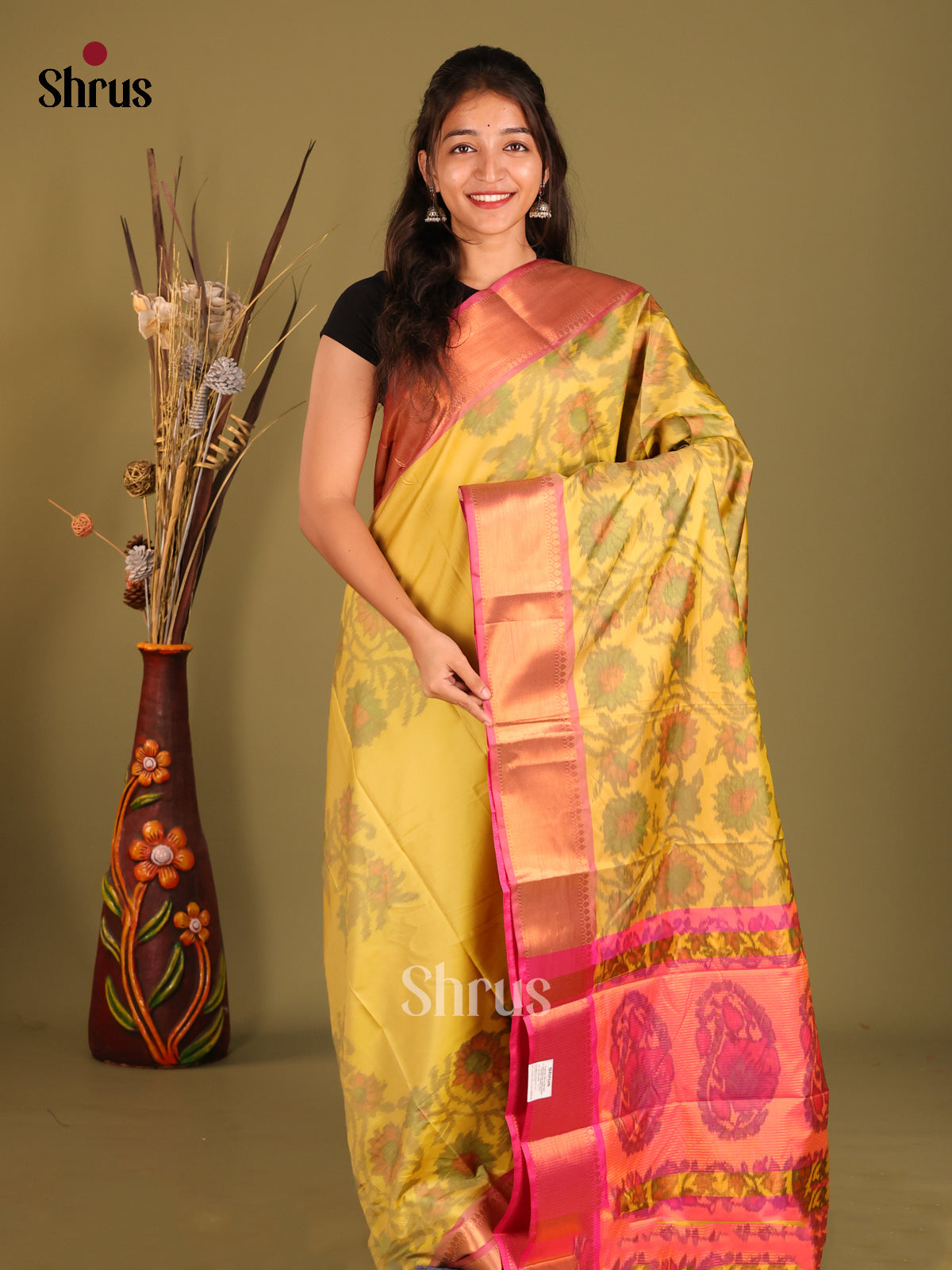 Yellow & Pink - Semi Pochampally Saree - Shop on Shrus.com
