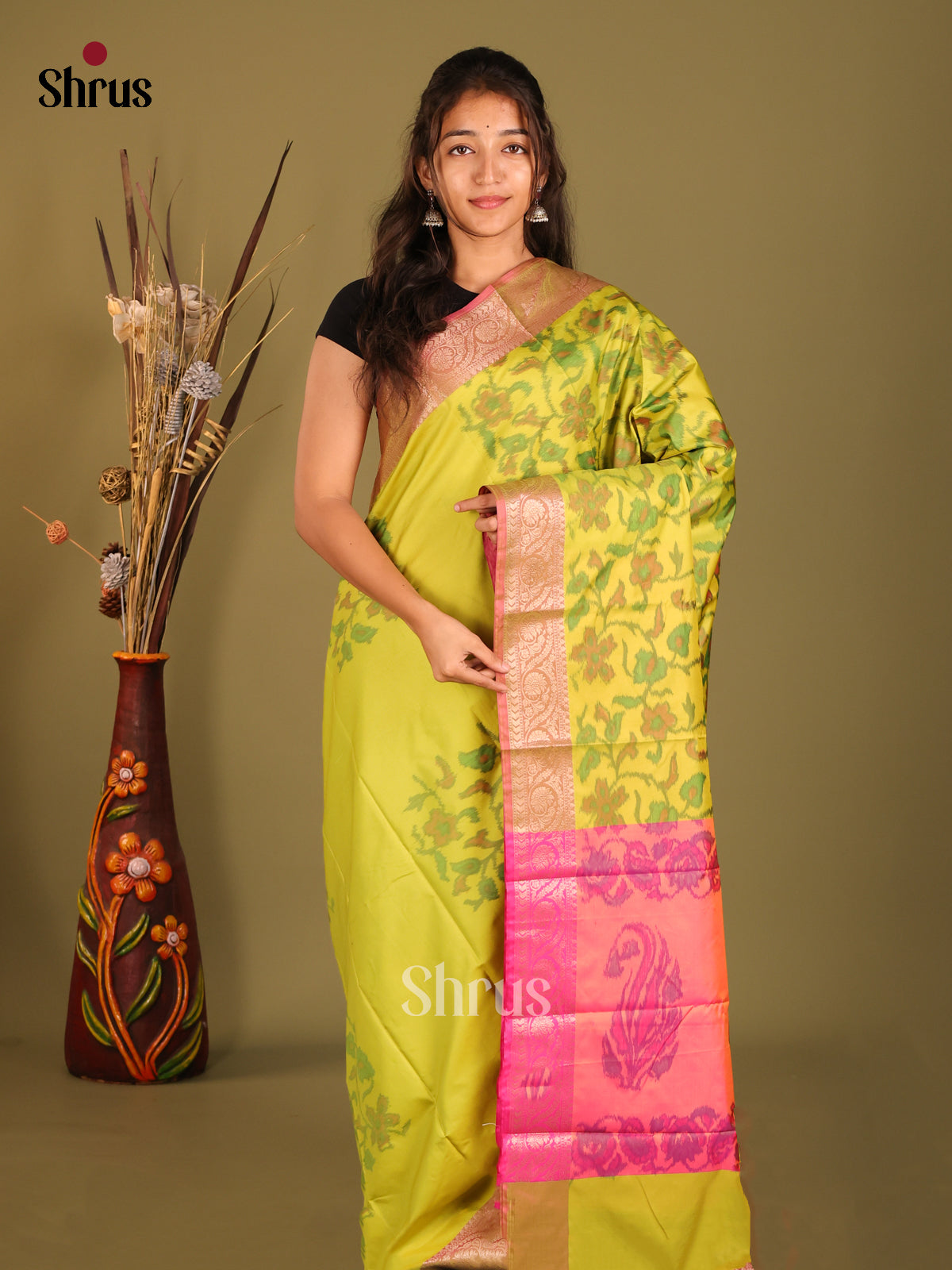 Light Green & Pink - Semi Pochampally Saree - Shop on Shrus.com