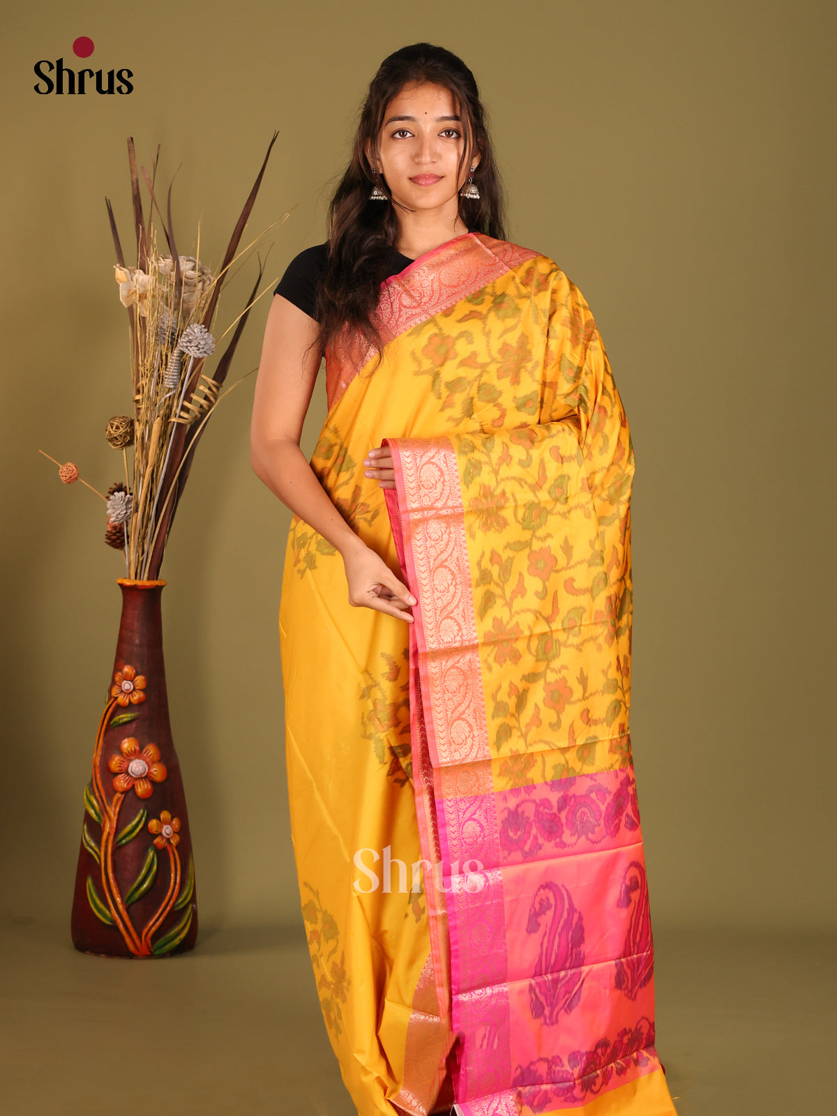 Yellow & Pink - Semi Pochampally Saree - Shop on Shrus.com