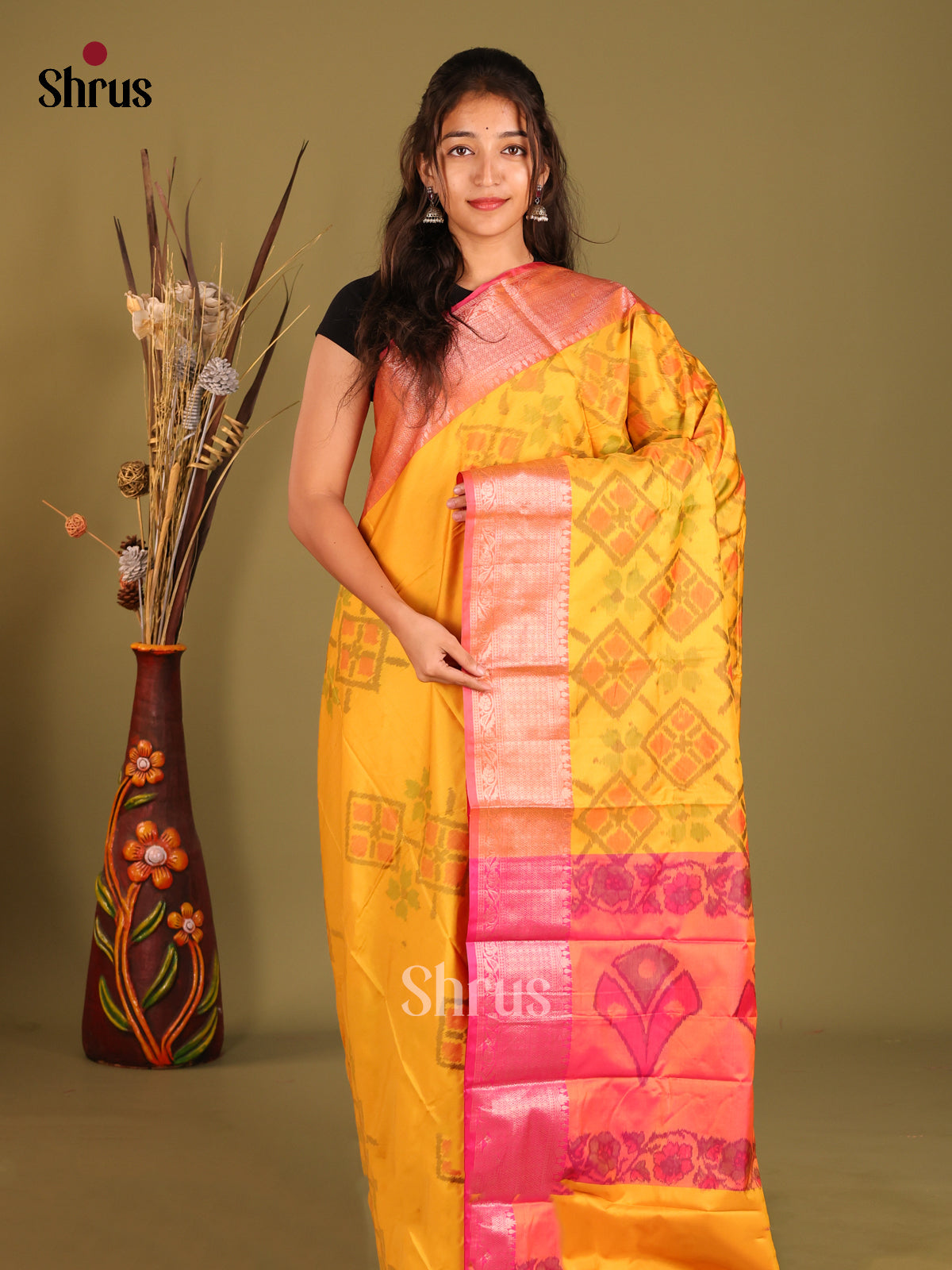 Yellow & Pink - Semi Pochampally Saree - Shop on Shrus.com