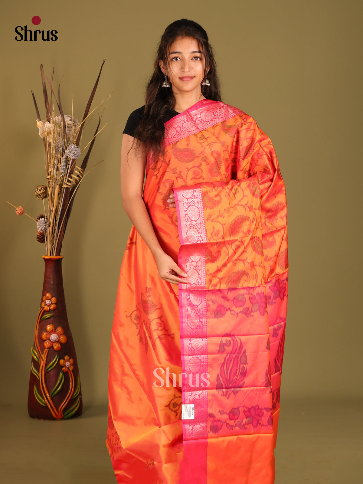 Orange & Pink - Semi Pochampally Saree - Shop on Shrus.com