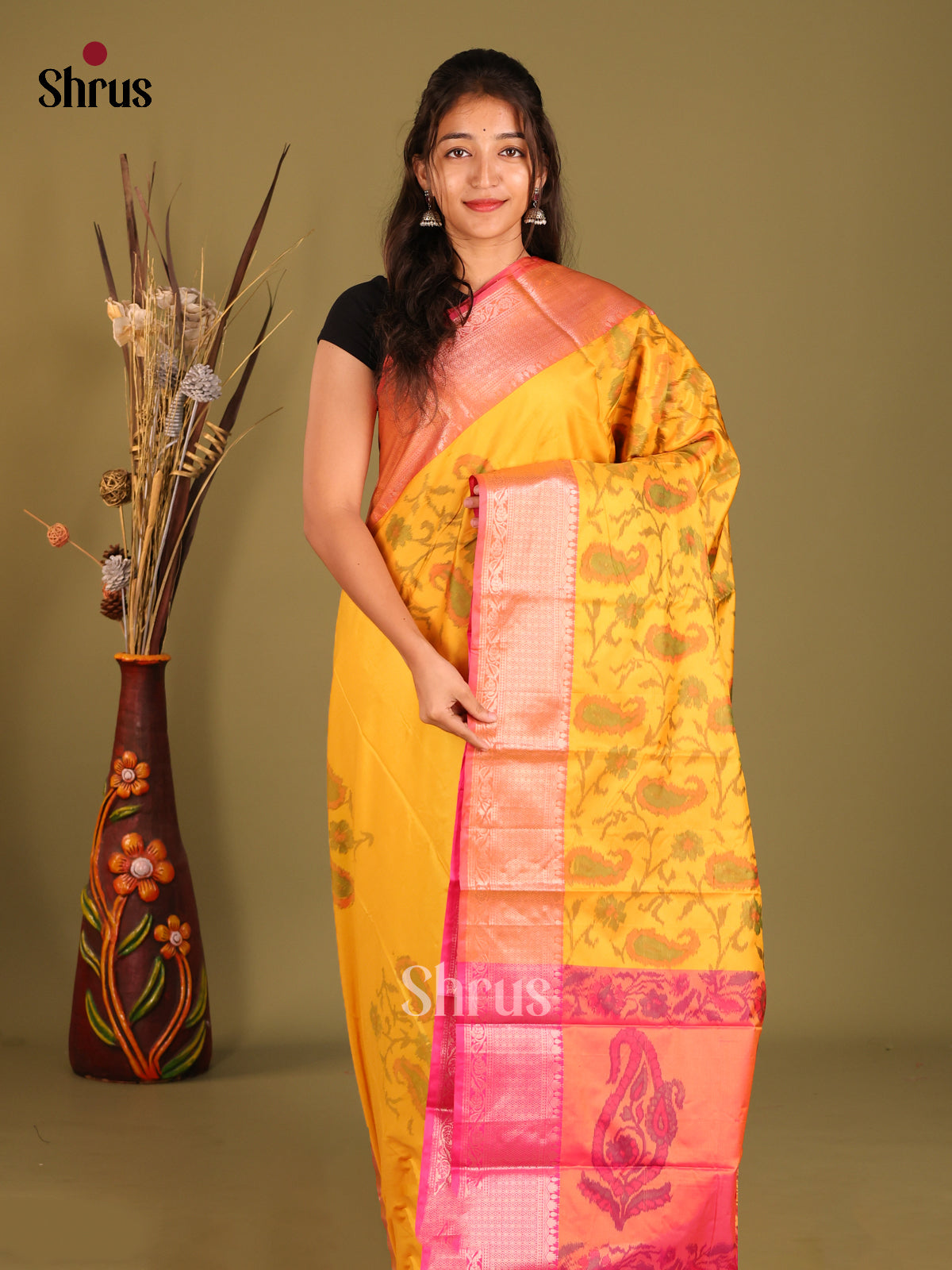 Yellow & Pink - Semi Pochampally Saree - Shop on Shrus.com