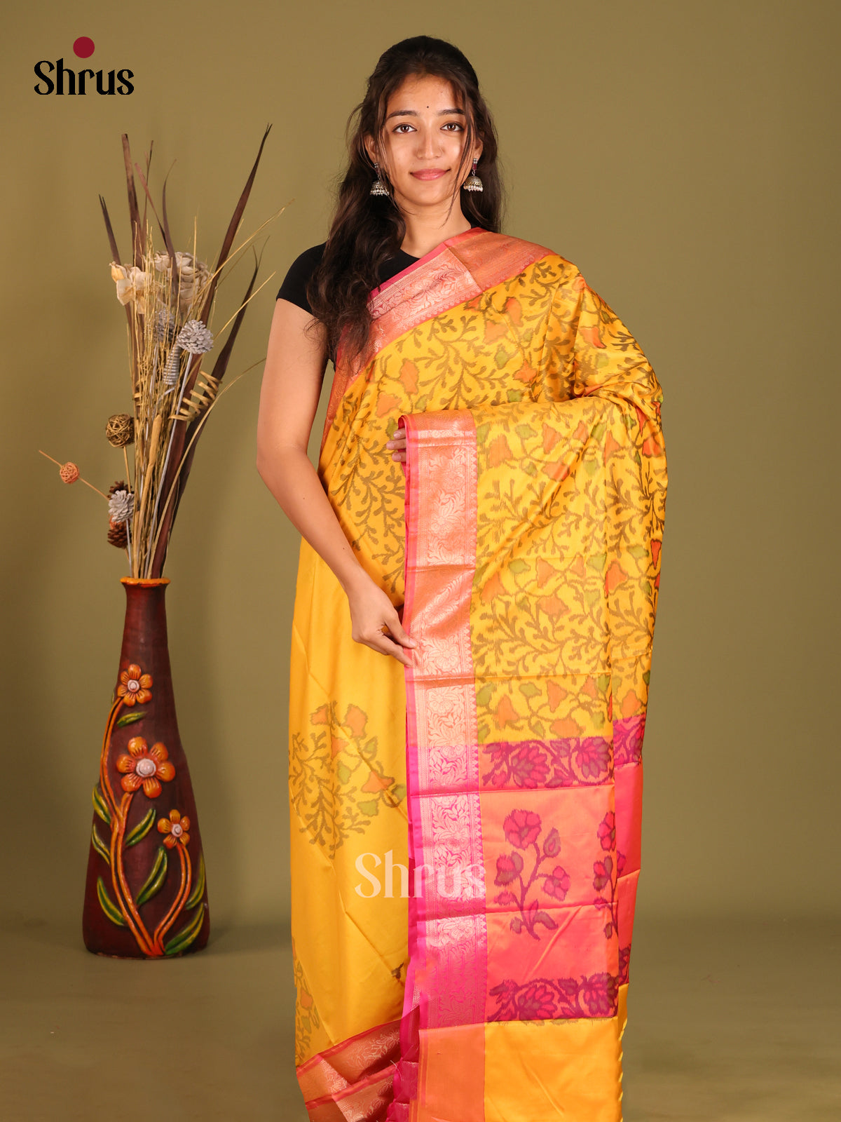 Yellow & Pink - Semi Pochampally Saree - Shop on Shrus.com