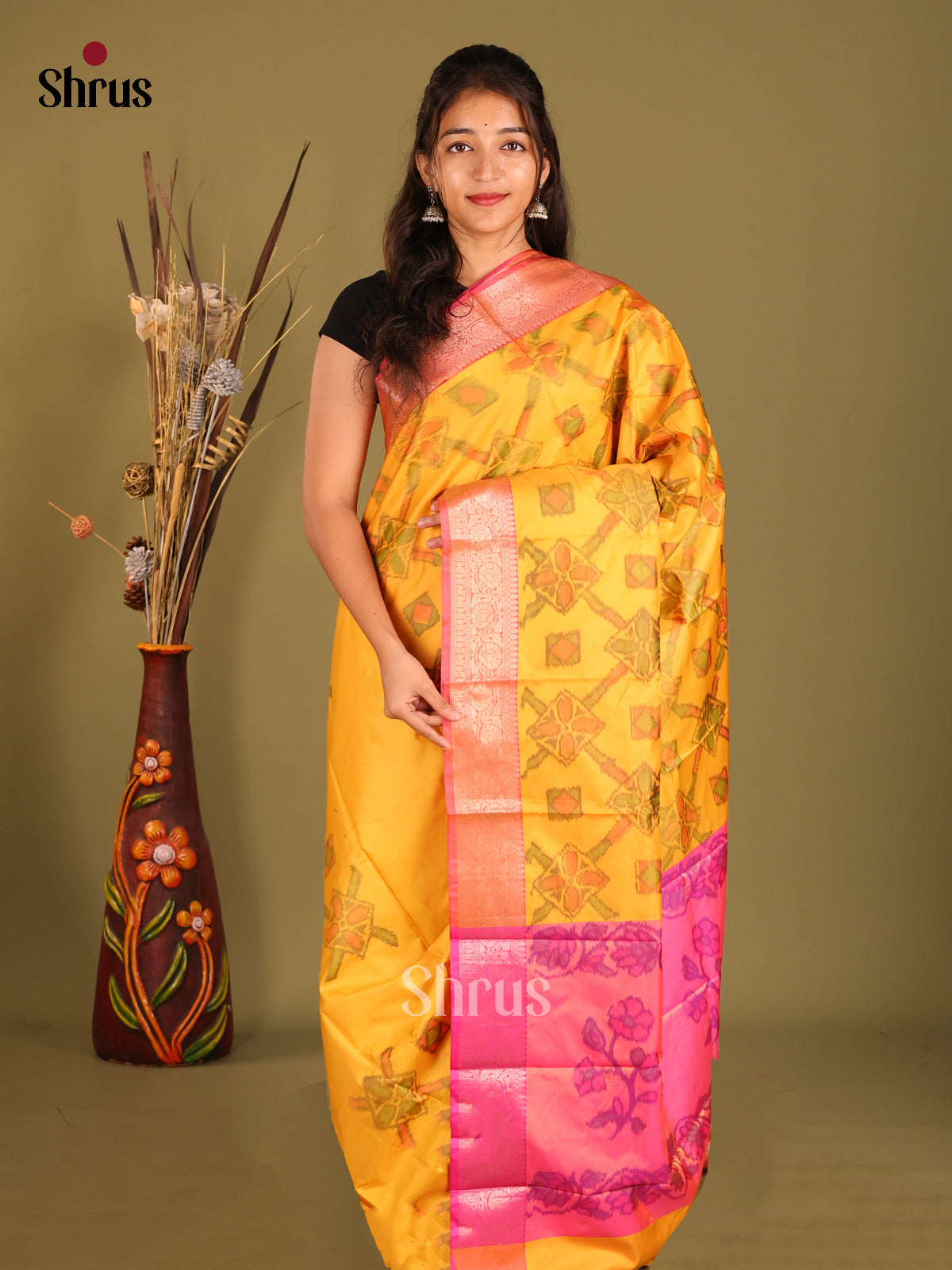 Yellow & Pink- Semi Pochampally Saree - Shop on Shrus.com