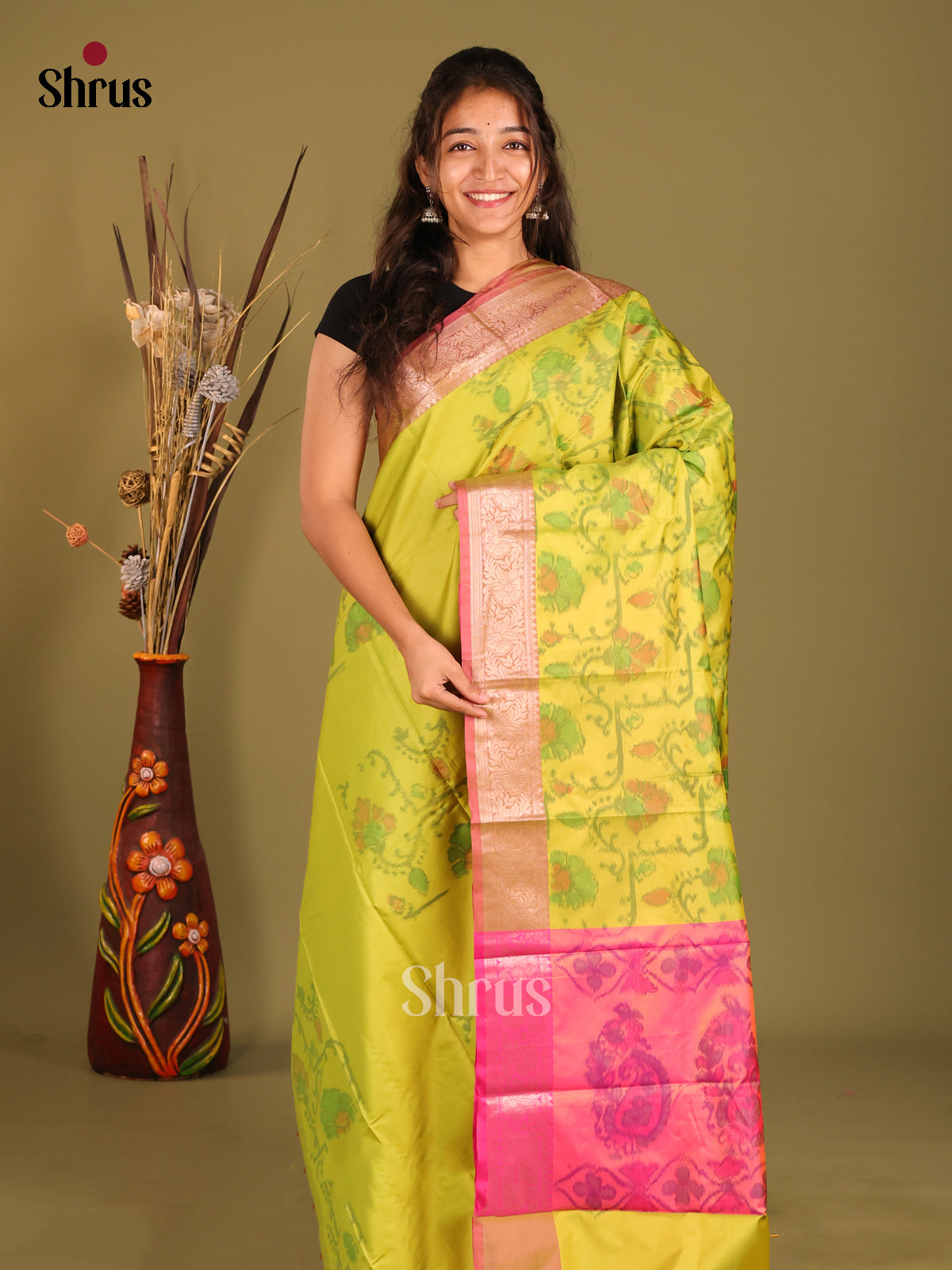 Light Green & Pink - Semi Pochampally Saree - Shop on Shrus.com