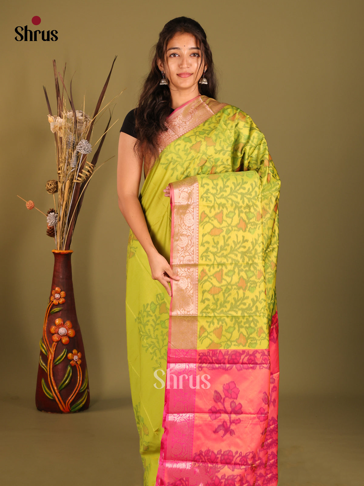 Light Green & Pink- Semi Pochampally Saree - Shop on Shrus.com