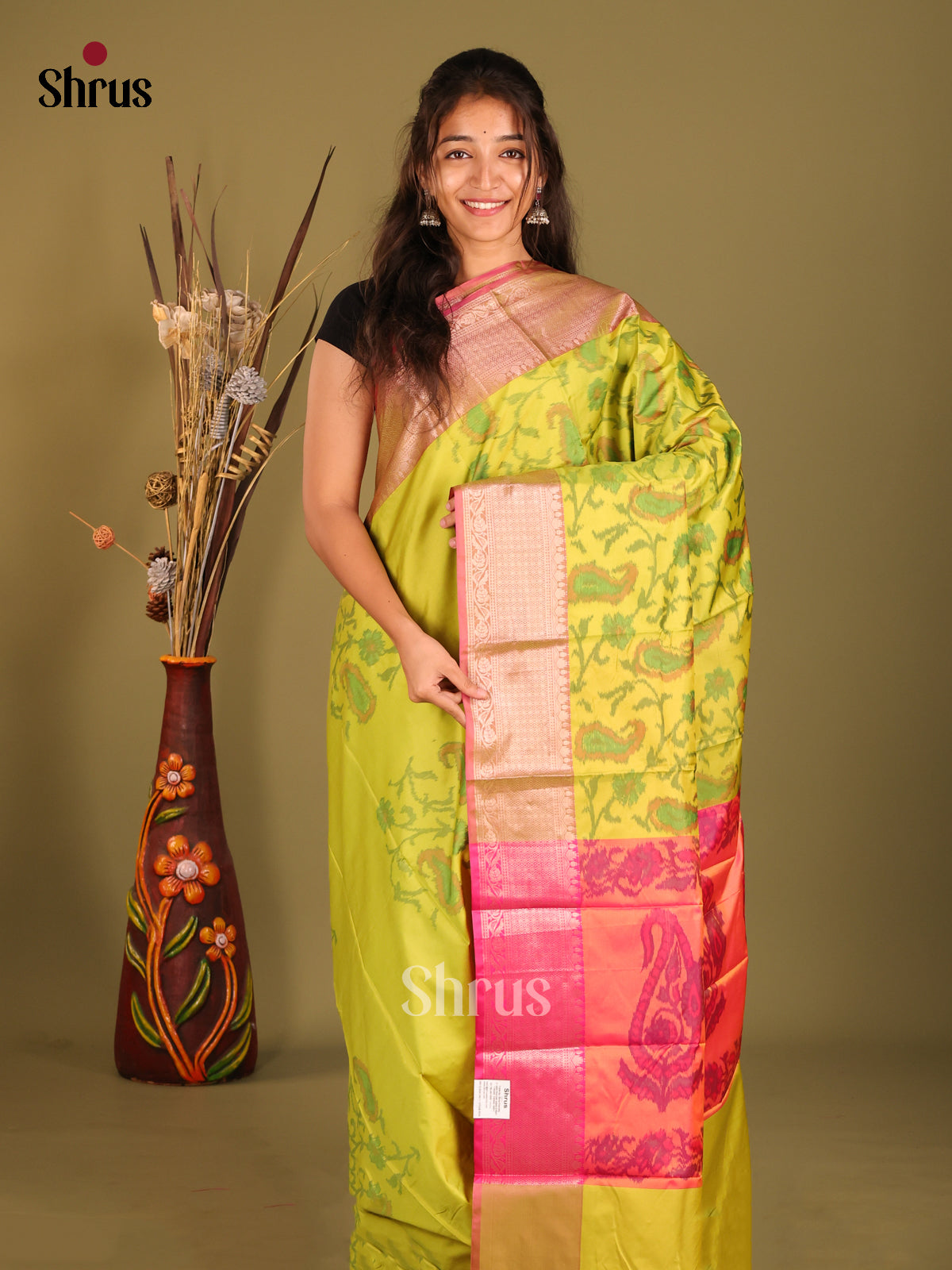 Light Green & Pink - Semi Pochampally Saree - Shop on Shrus.com