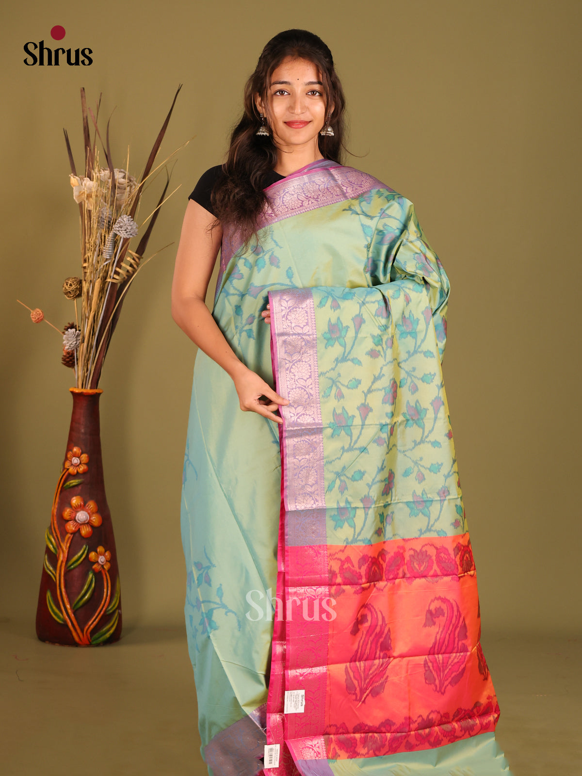 Green & Purple - Semi Pochampally Saree - Shop on Shrus.com