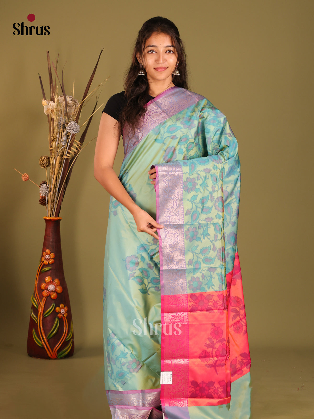 Green & Purple - Semi Pochampally Saree - Shop on Shrus.com
