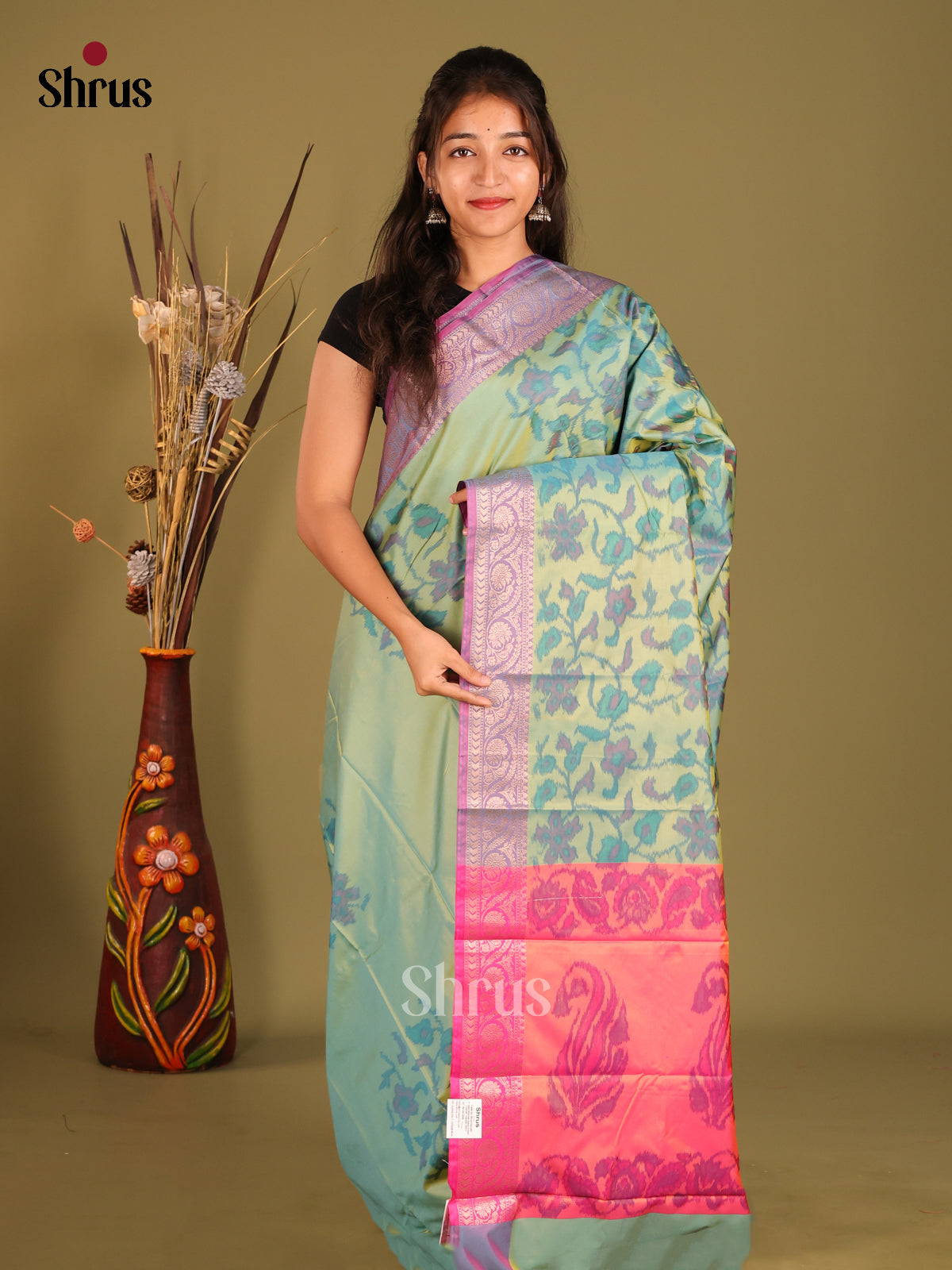 Pastel Green & Purple - Semi Pochampally Saree - Shop on Shrus.com