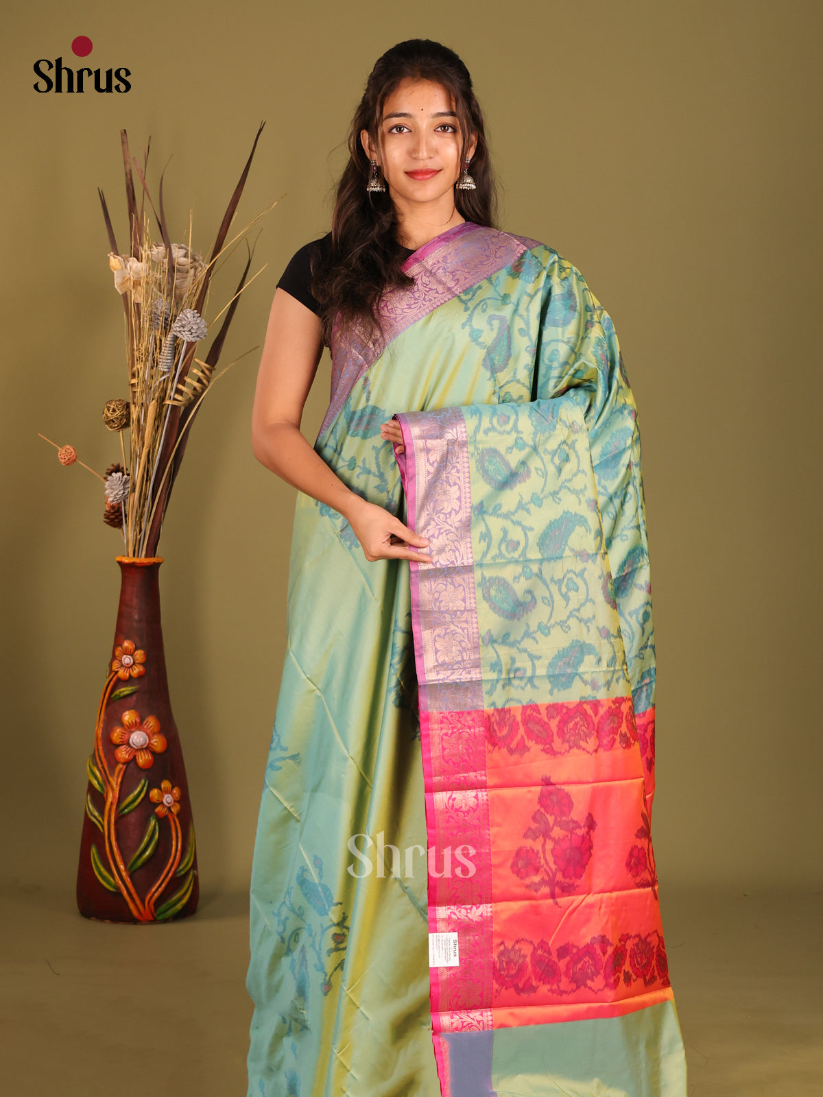 Green & Purple- Semi Pochampally Saree - Shop on Shrus.com