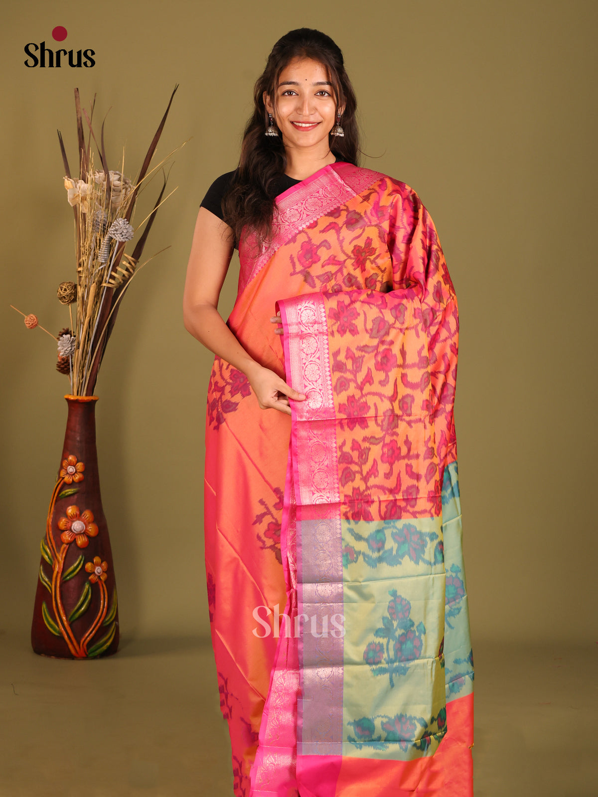 Orange & Pink - Semi Pochampally Saree - Shop on Shrus.com