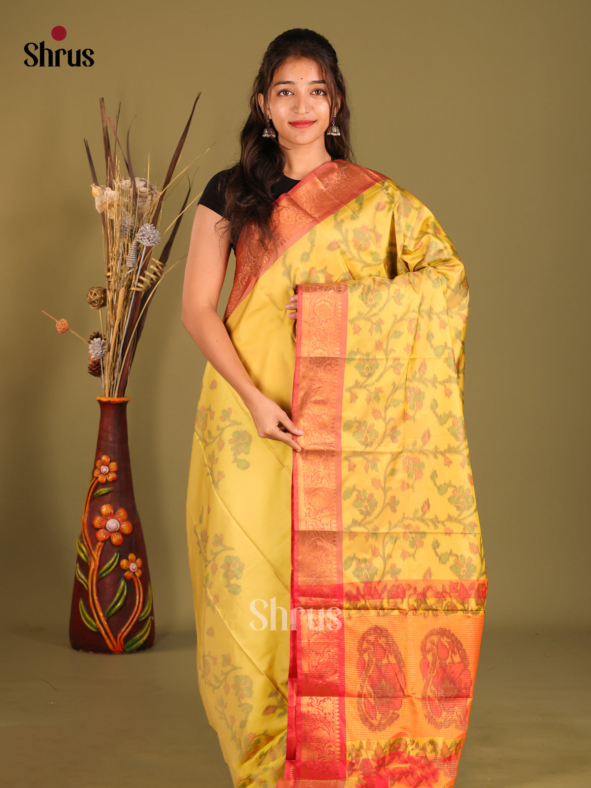 Yellow & Red- Semi Pochampally Saree - Shop on Shrus.com