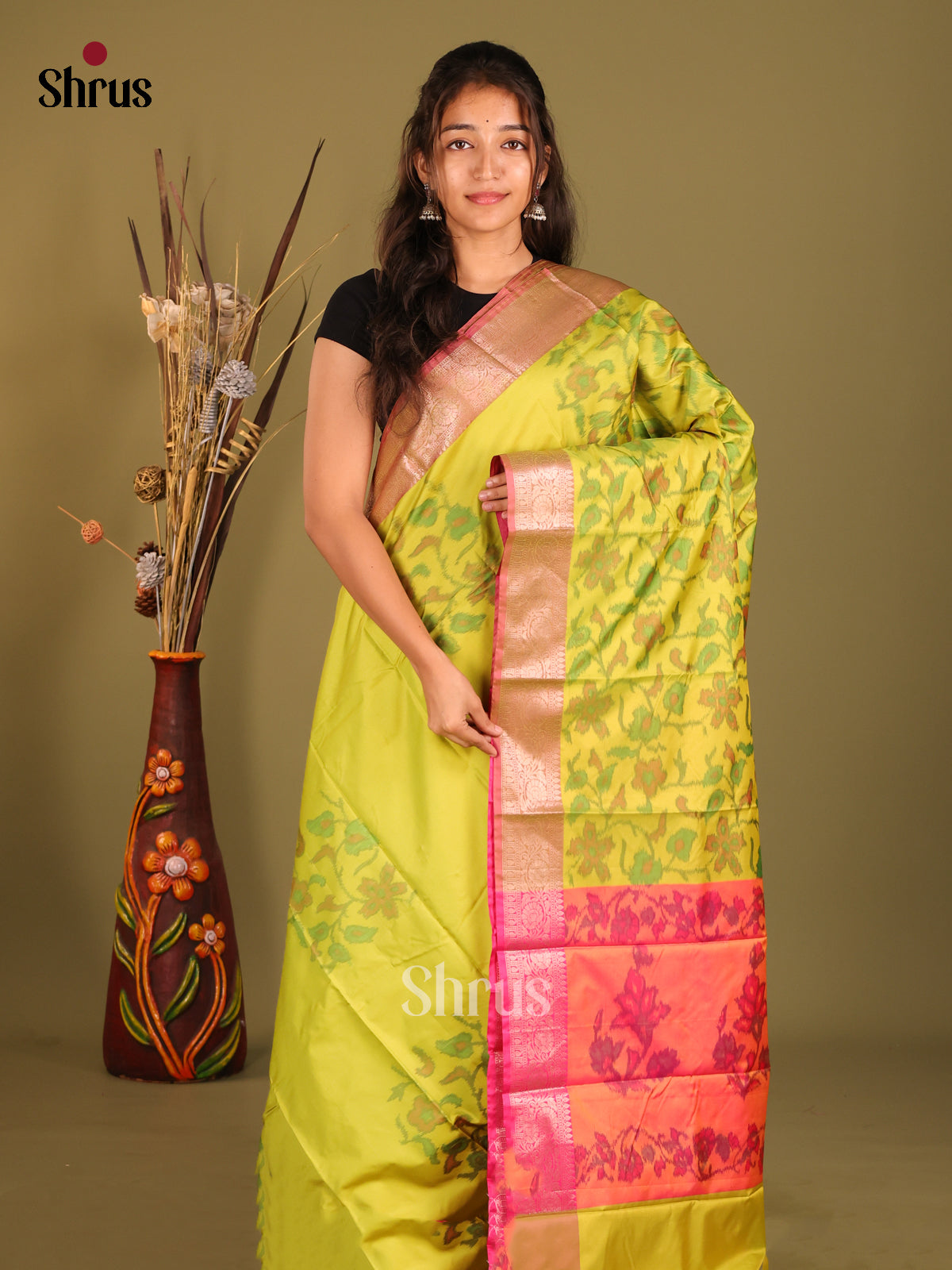 Green & Orange - Semi Pochampally Saree - Shop on Shrus.com