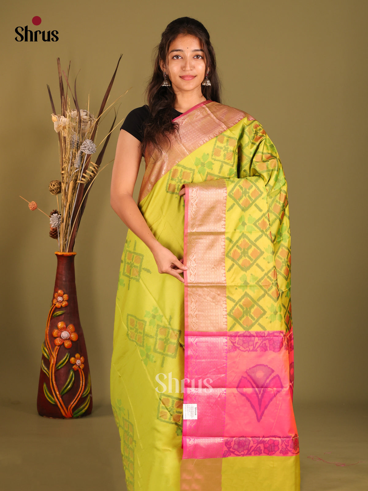 Light Green & Pink - Semi Pochampally Saree - Shop on Shrus.com