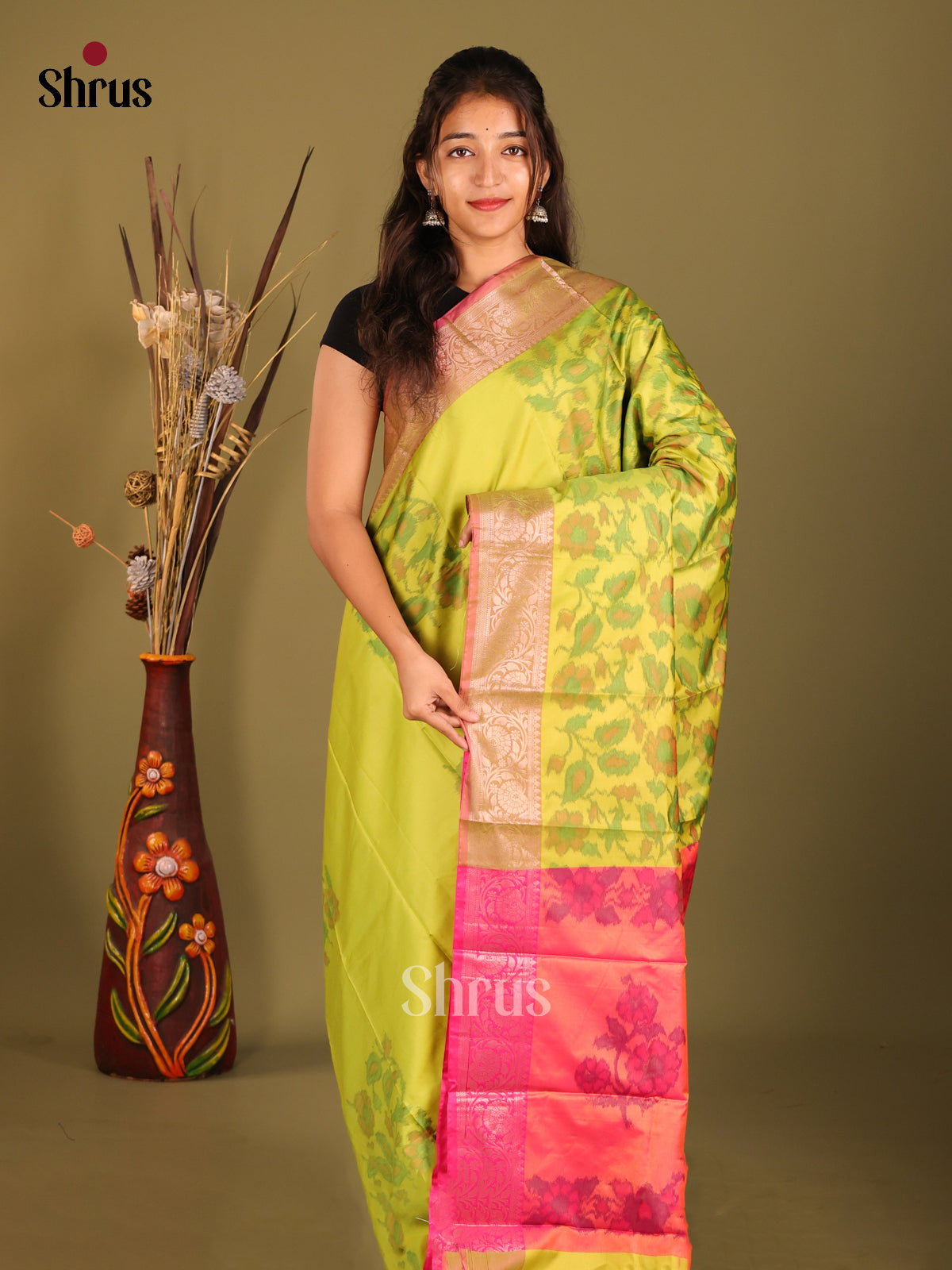 Light Green  & Pink - Semi Pochampally Saree - Shop on Shrus.com