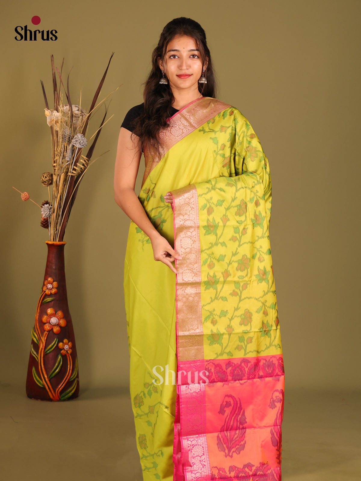 Light Green & Pink- Semi Pochampally Saree - Shop on Shrus.com