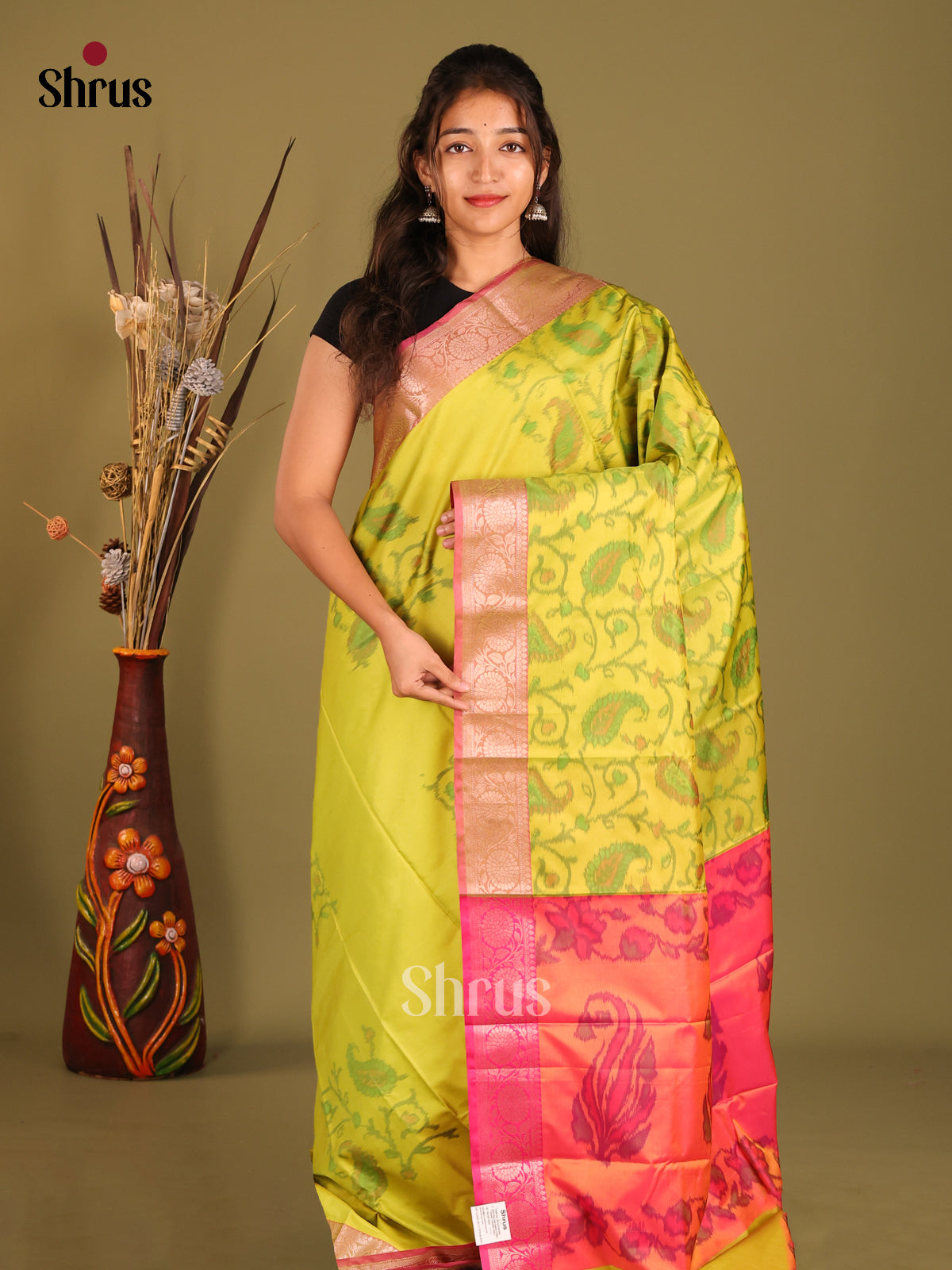 Light Green & Pink - Semi Pochampally Saree - Shop on Shrus.com