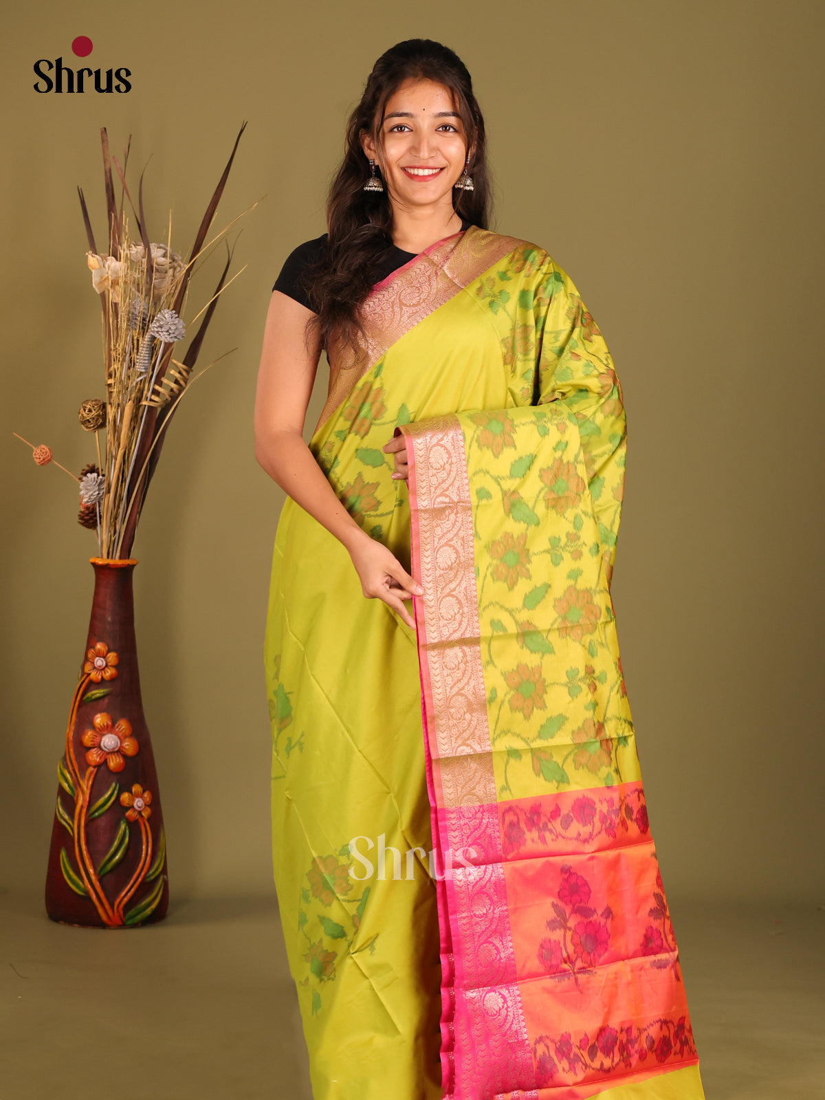 Green & Pink - Semi Pochampally Saree - Shop on Shrus.com