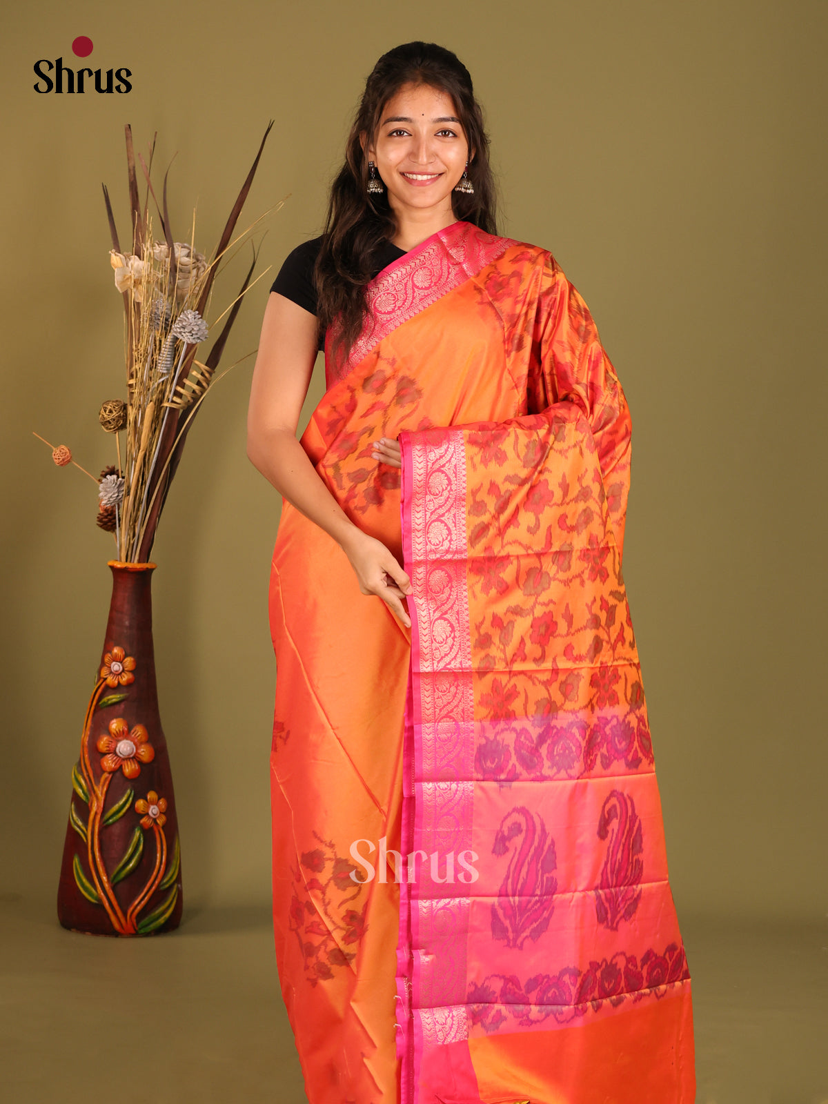 Orange & Pink - Semi Pochampally Saree - Shop on Shrus.com