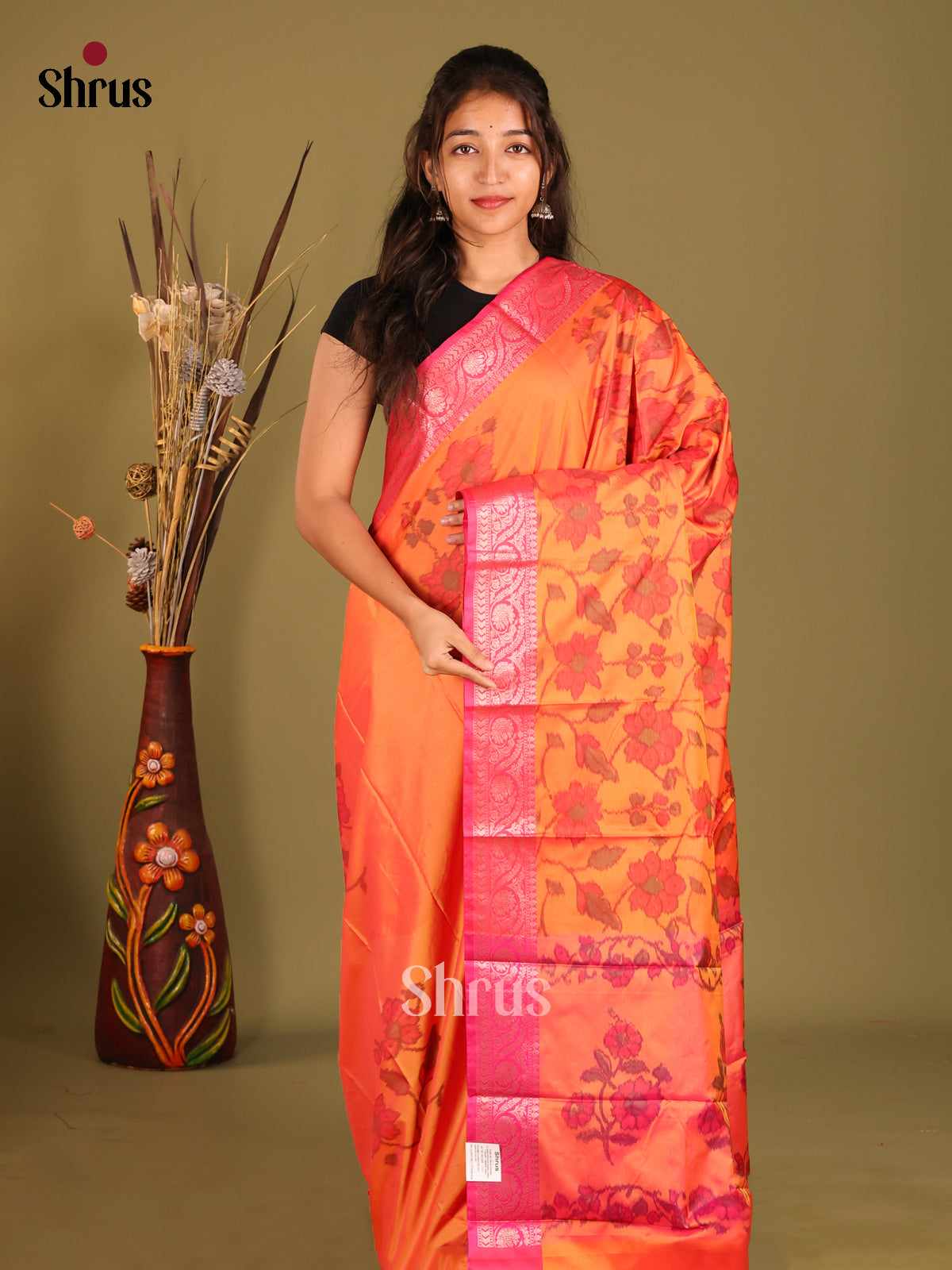 Orange & Pink - Semi Pochampally Saree - Shop on Shrus.com