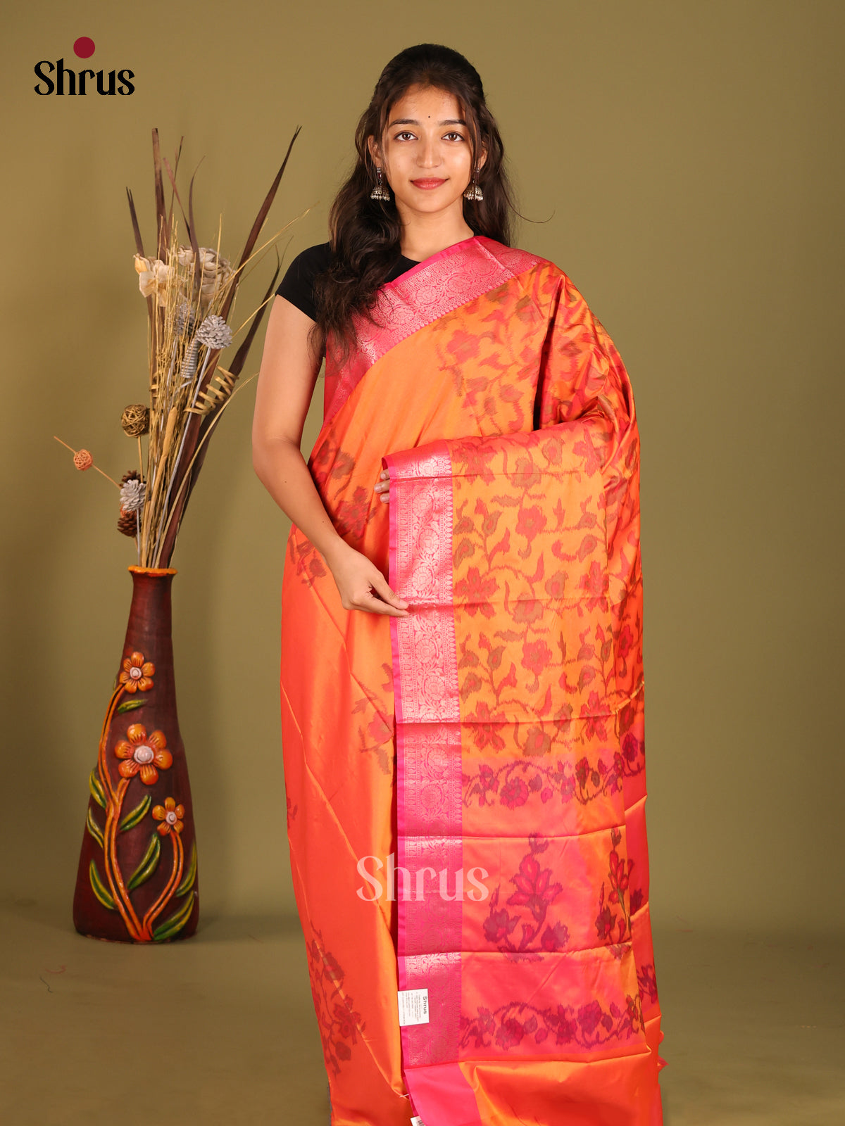 Orange & Pink - Semi Pochampally Saree - Shop on Shrus.com