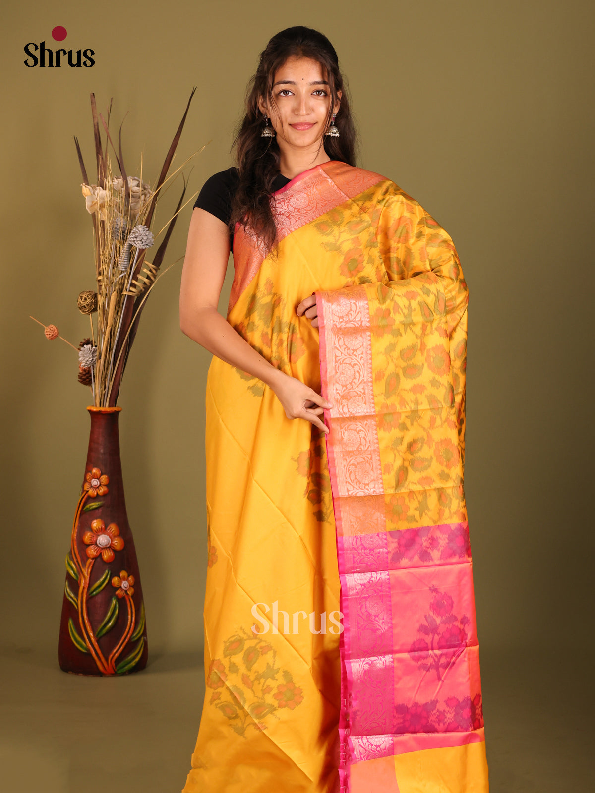Yellow & Pink - Semi Pochampally Saree - Shop on Shrus.com