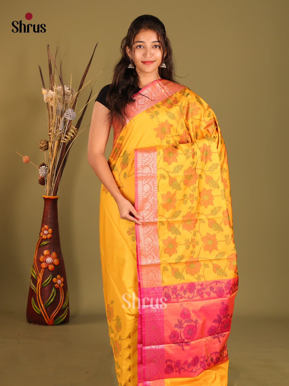 Yellow & Pink- Semi Pochampally Saree - Shop on Shrus.com