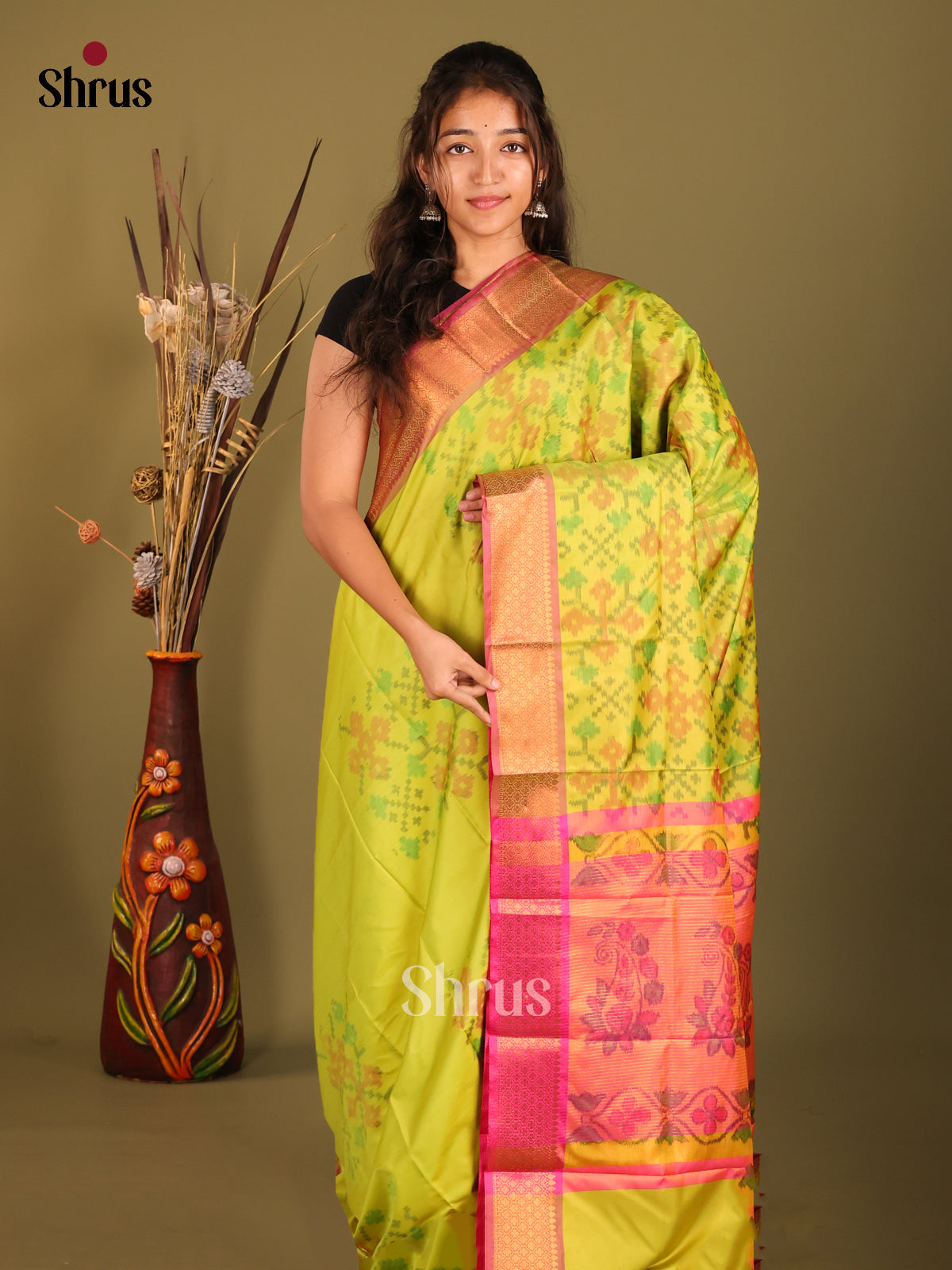 Lime Green & Pink - Semi Pochampally Saree - Shop on Shrus.com
