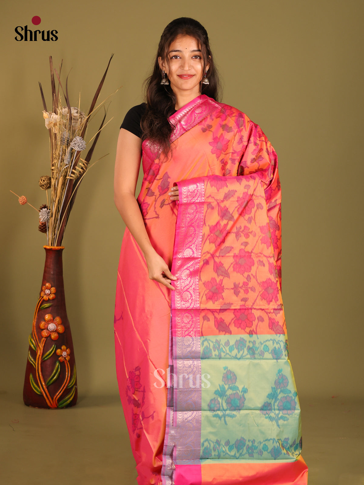 Orange & Pink - Semi Pochampally Saree - Shop on Shrus.com